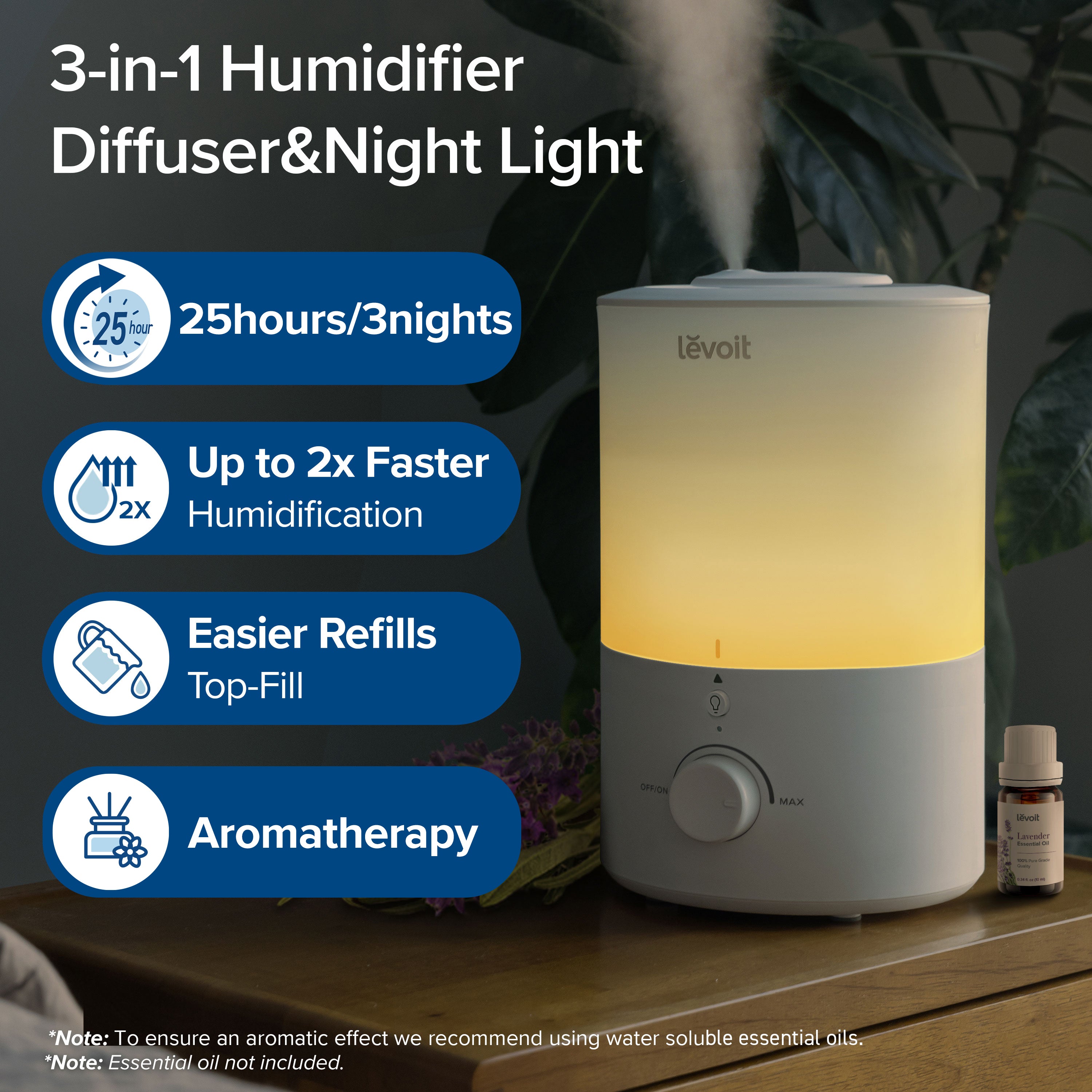 Levoit Dual 150 Humidifier with diffuser and night light, top-fill design, 25 hours run time, faster humidification, and aromatherapy option