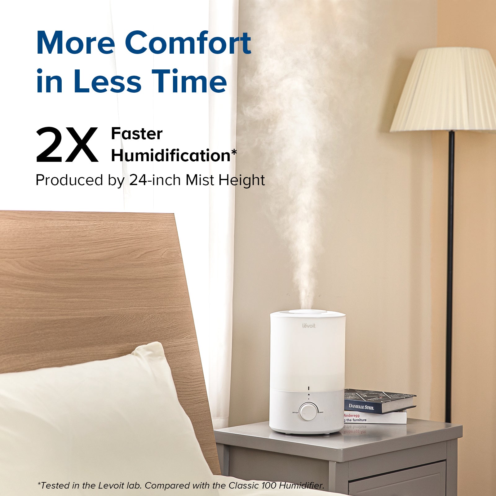 Levoit Humidifier with 24-inch mist height for 2X faster humidification, providing comfort in less time