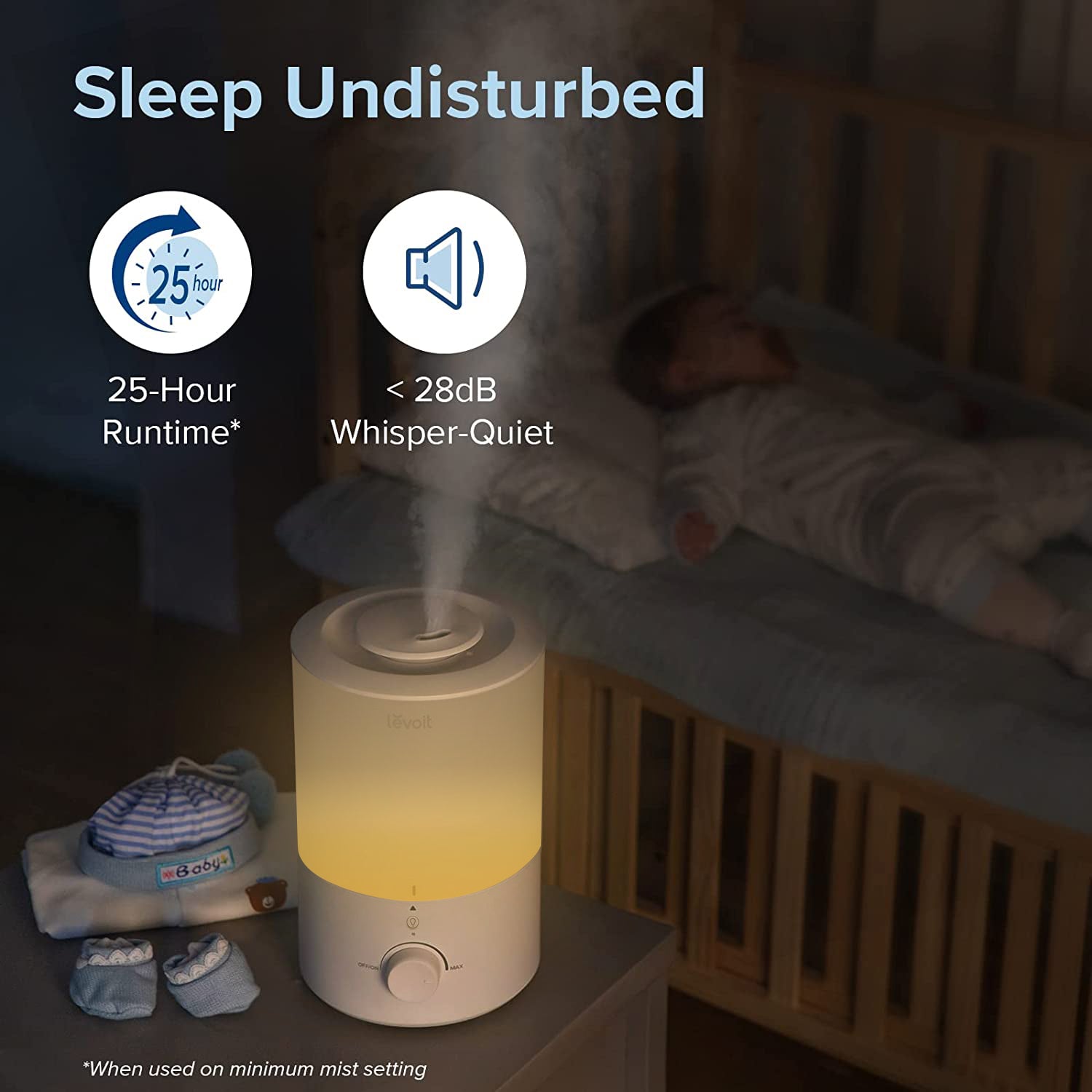 Levoit humidifier with 25-hour runtime and whisper-quiet operation under 28dB, perfect for undisturbed sleep