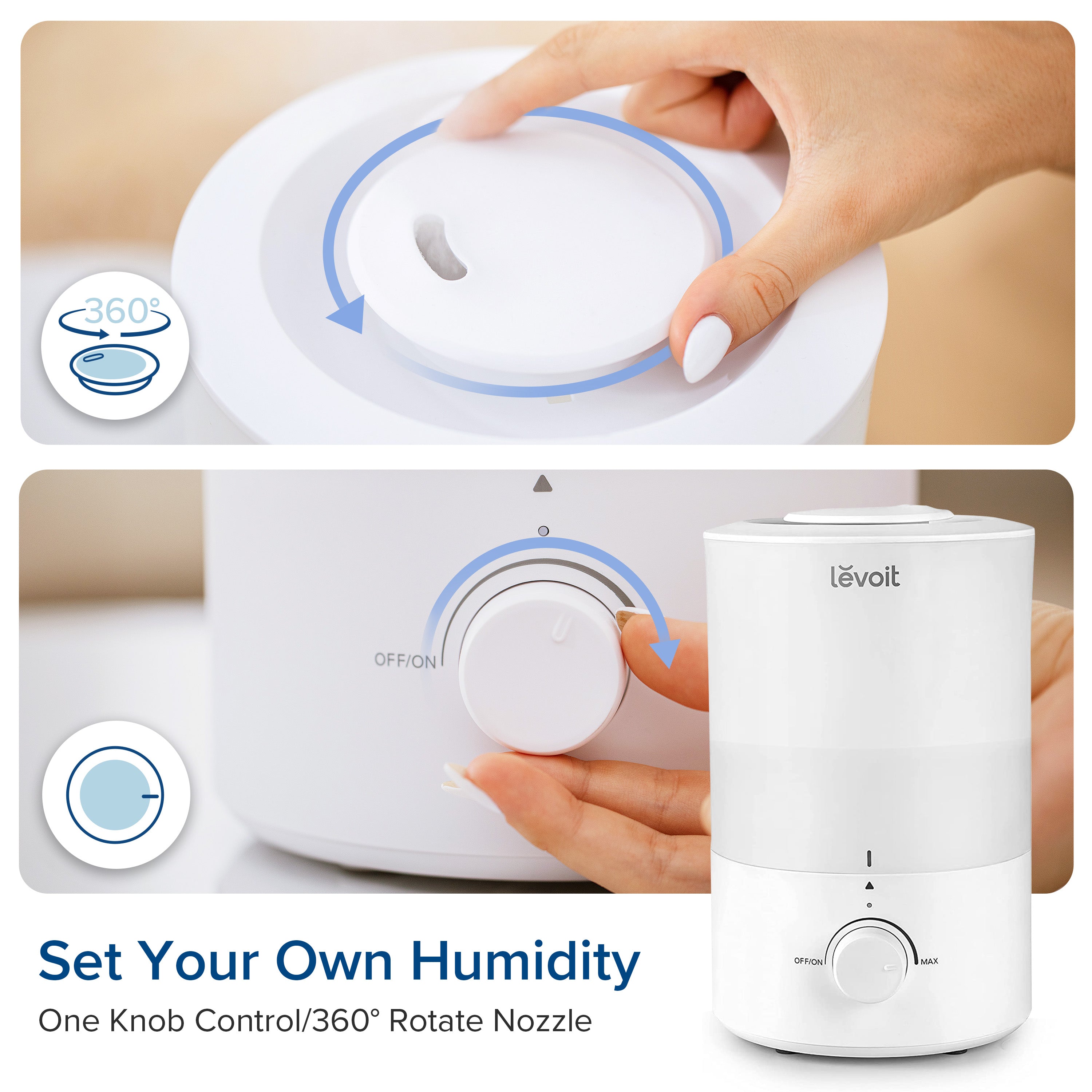 Levoit humidifier with 360° rotating nozzle and one-knob control for customizable humidity settings