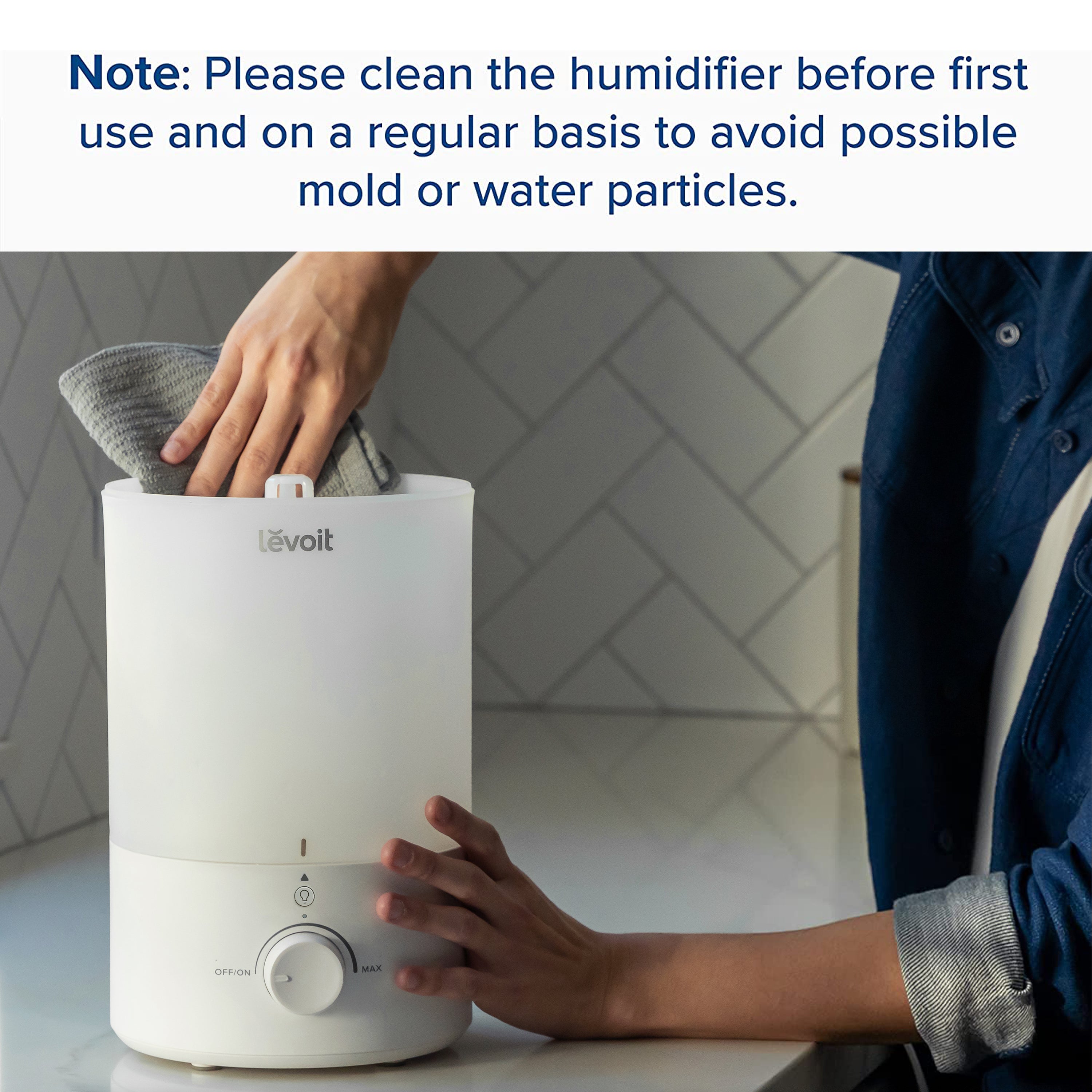 Levoit humidifier with cleaning instructions to avoid mold and water particles before first use