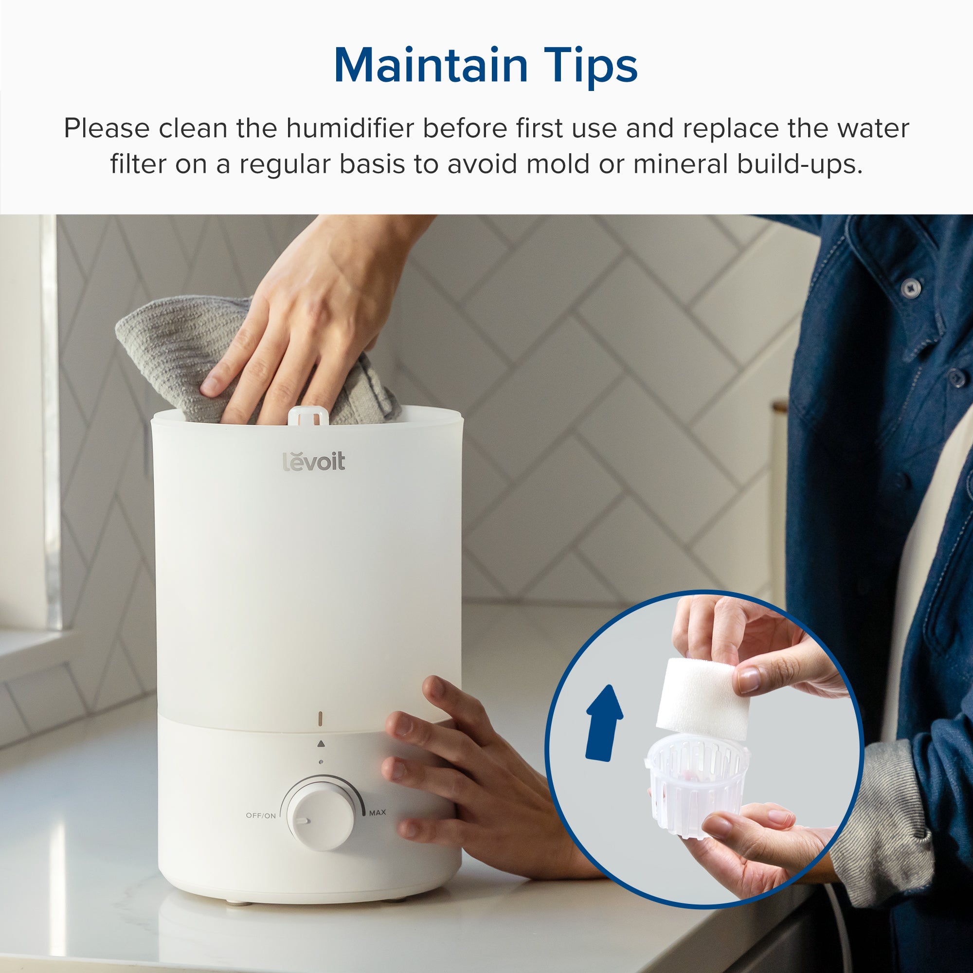 Levoit Dual 150 humidifier with cleaning tips, including filter replacement and maintenance to avoid mold and mineral buildup