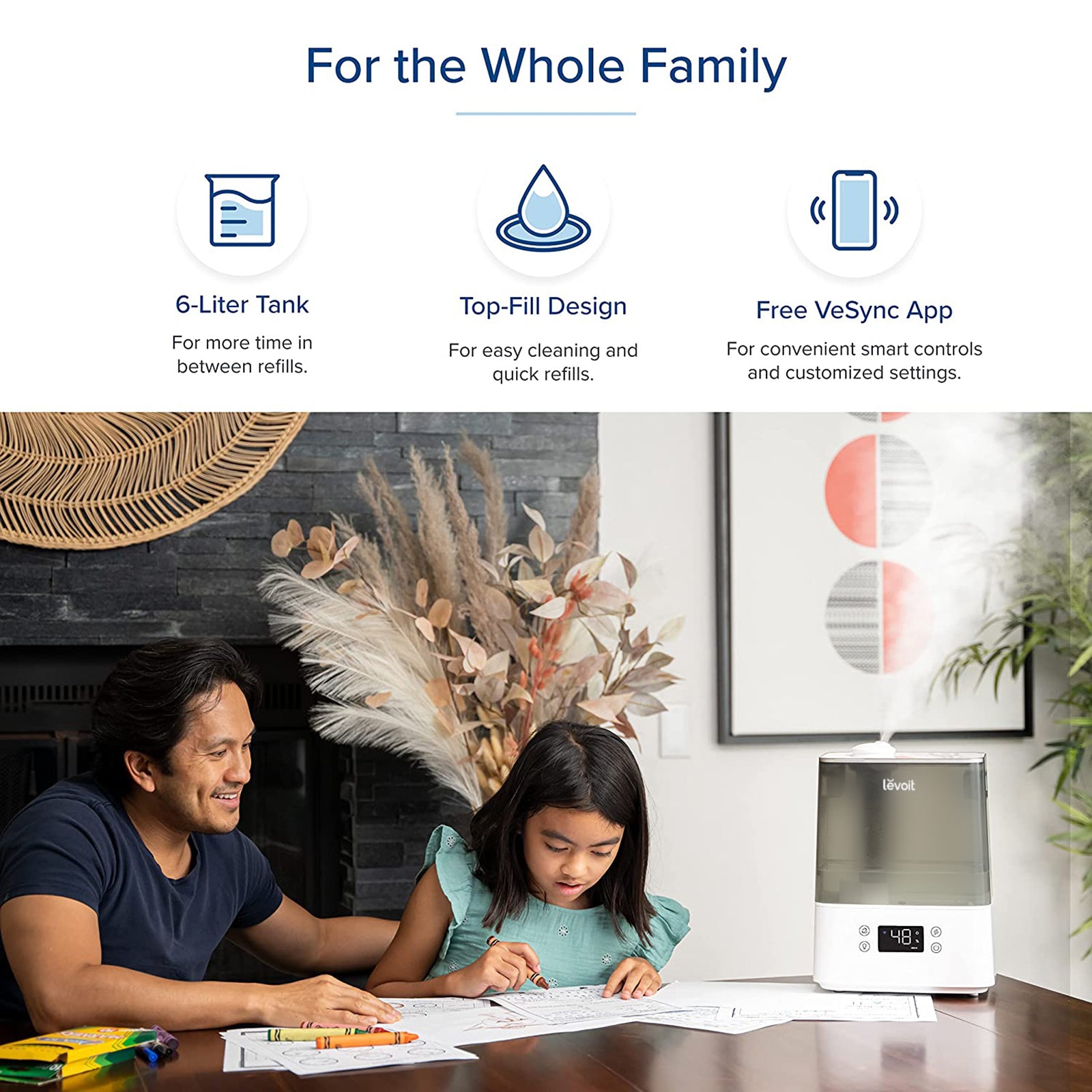 Levoit Classic 300S Humidifier with 6-liter tank, Top-Fill design, and VeSync App for easy refills and smart controls