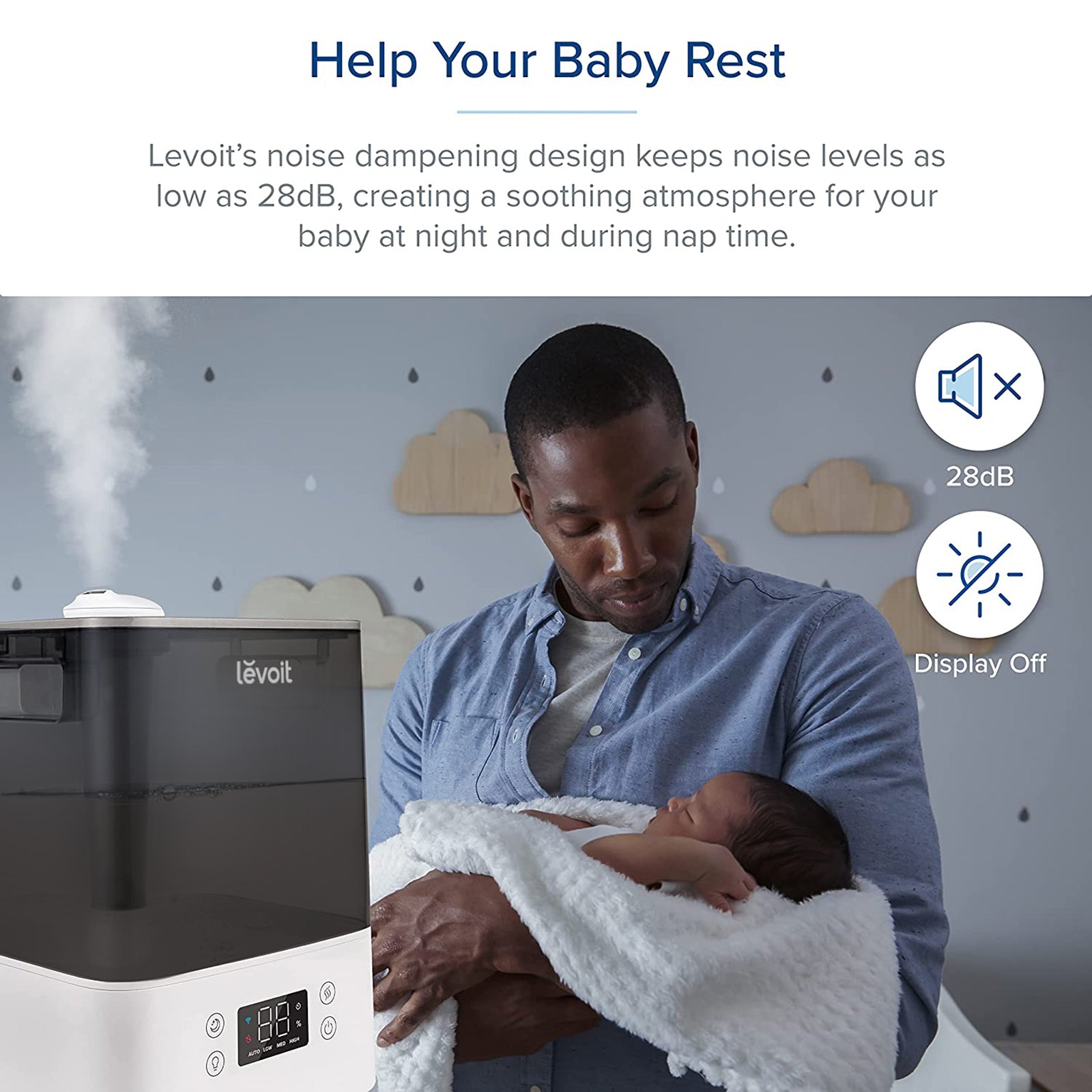 Levoit Classic 300S Humidifier with noise dampening design for quiet operation (28dB) to help your baby rest peacefully