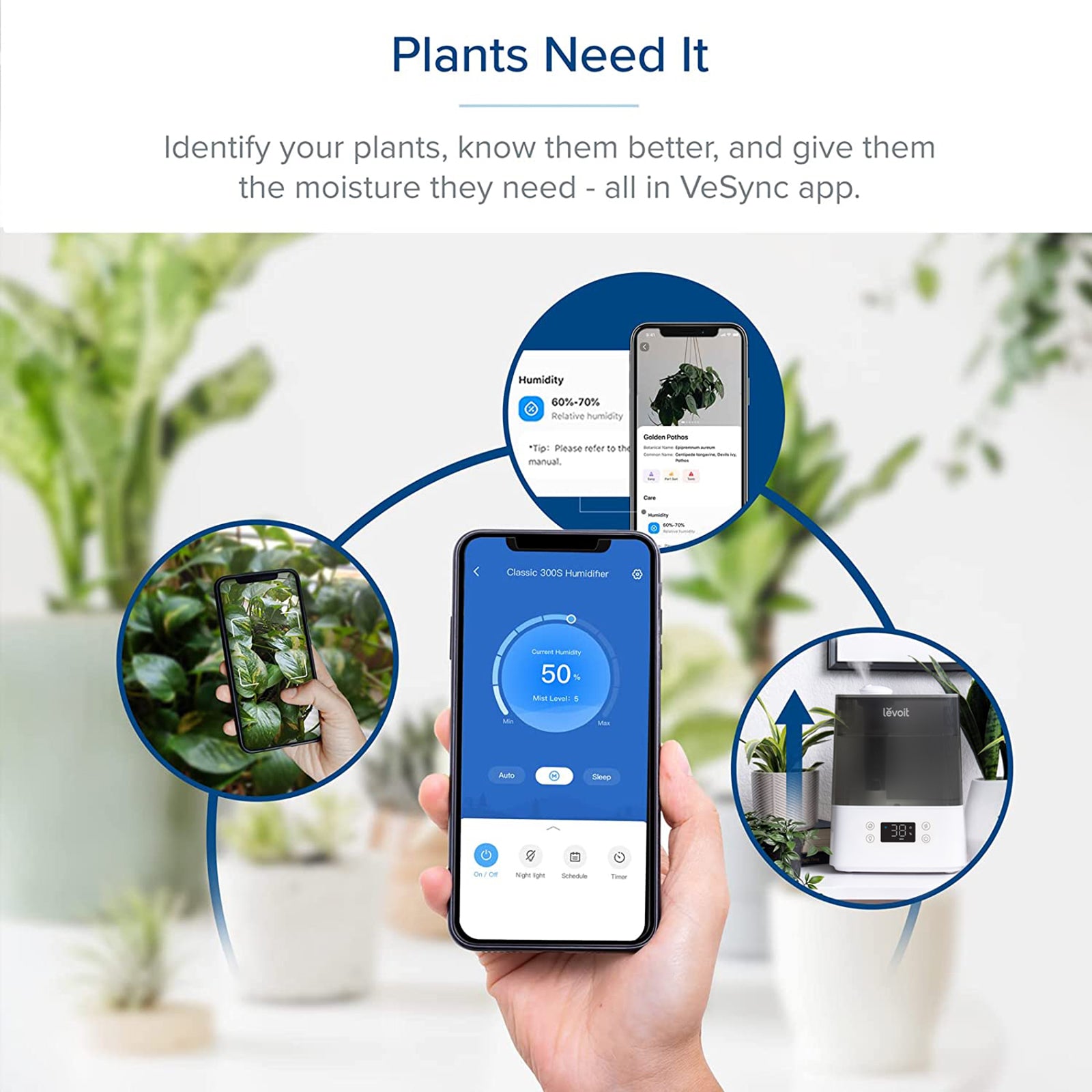 Levoit Classic 300S Humidifier with VeSync app, monitor plant humidity, and adjust mist for optimal moisture levels