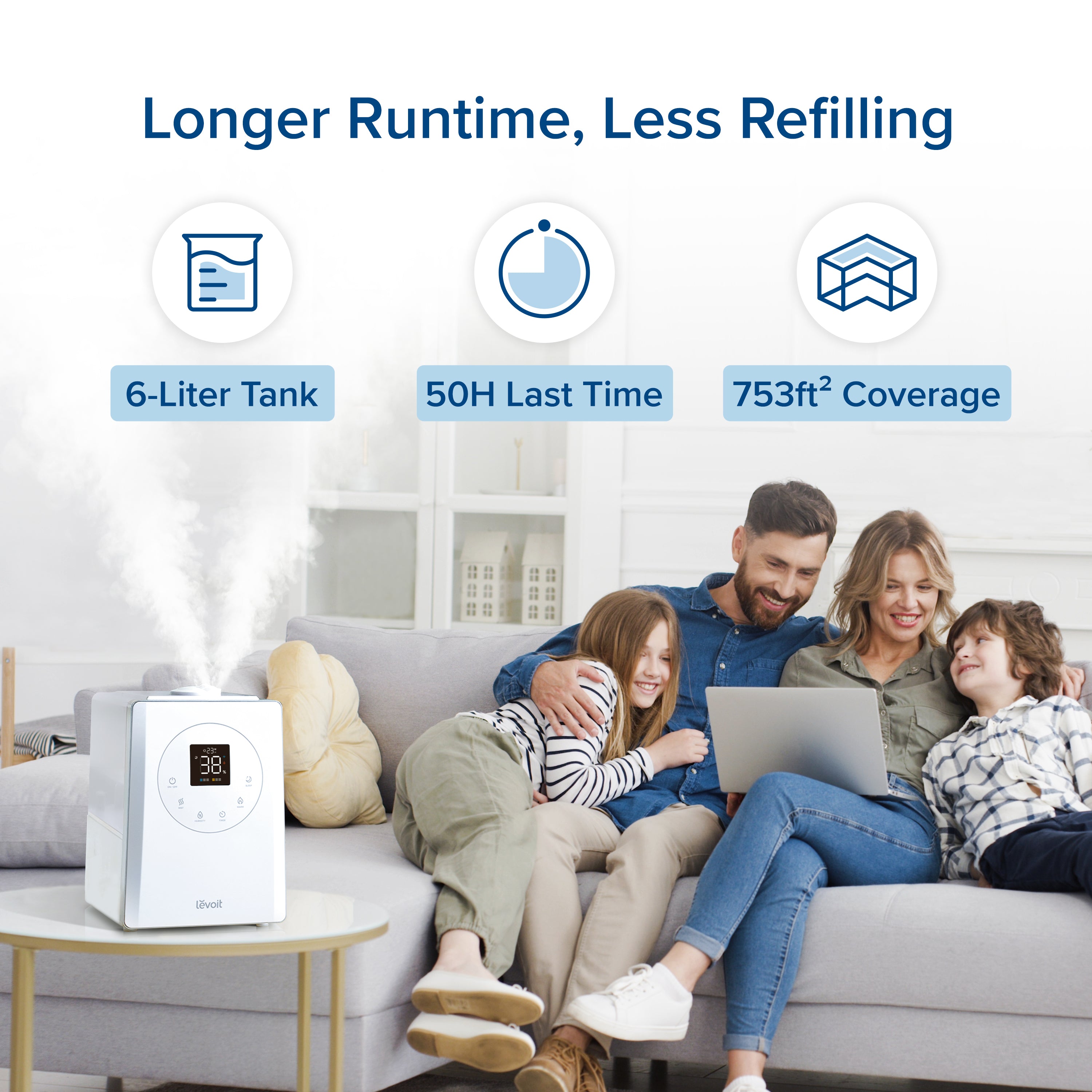 Levoit LV600S Humidifier with 6L tank, 50 hours runtime, 753ft² coverage, ideal for long-lasting humidity and fewer refills