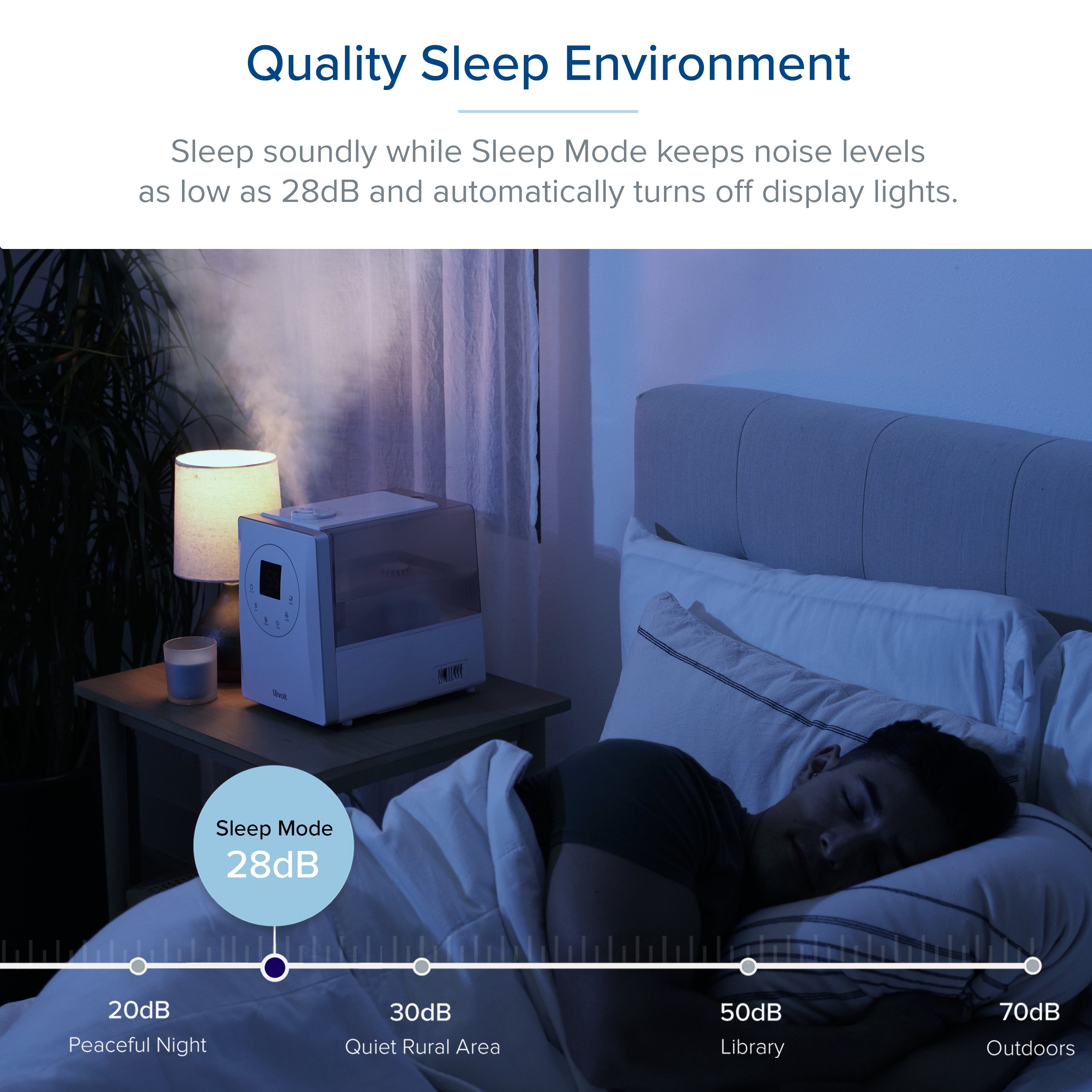 Levoit LV600S humidifier with Sleep Mode, reducing noise to 28dB for a peaceful sleep environment