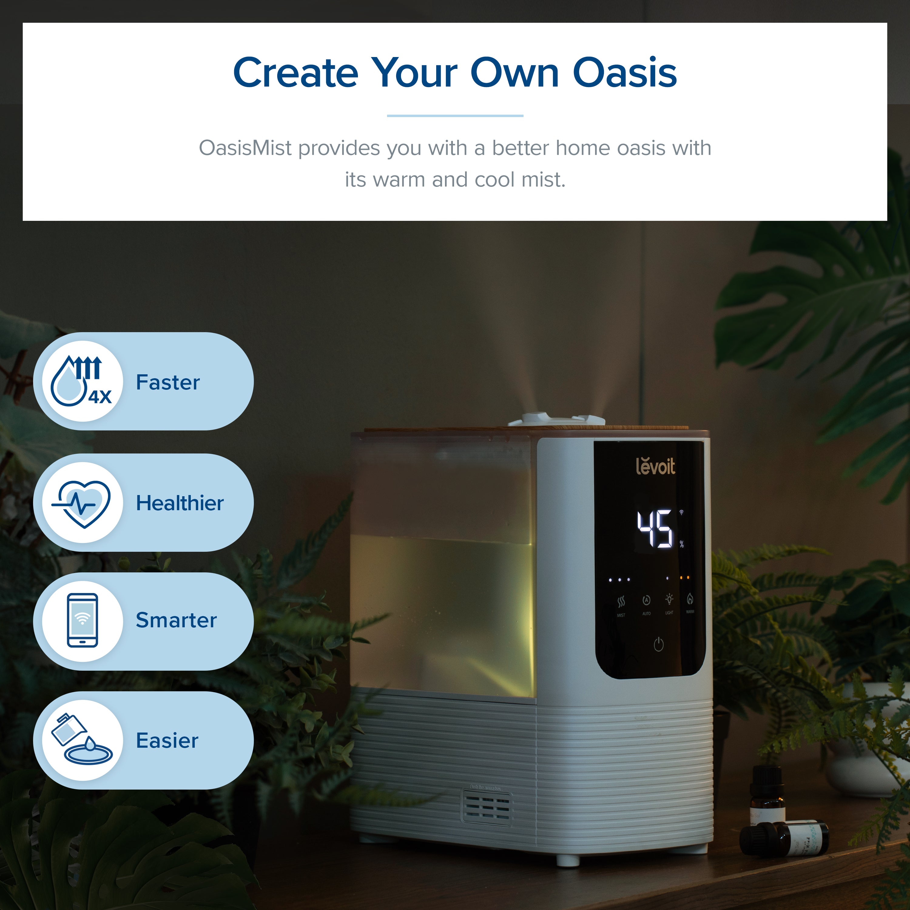 Levoit OasisMist Smart Humidifier with faster misting, healthier air, and smarter app control for better home comfort