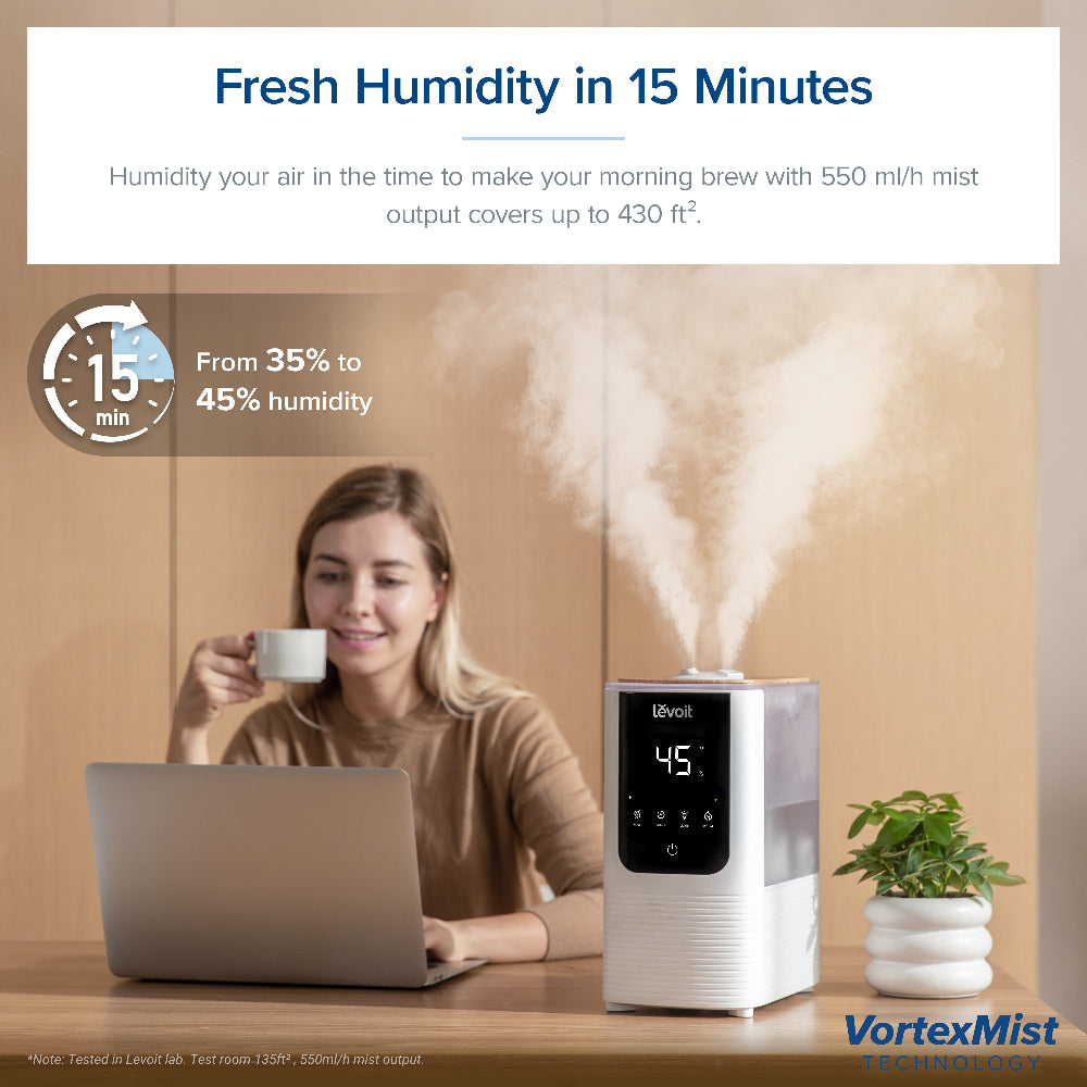 Levoit OasisMist Smart Humidifier increases humidity from 35% to 45% in just 15 minutes, with 550 ml/h mist output, covering up to 430 ft²