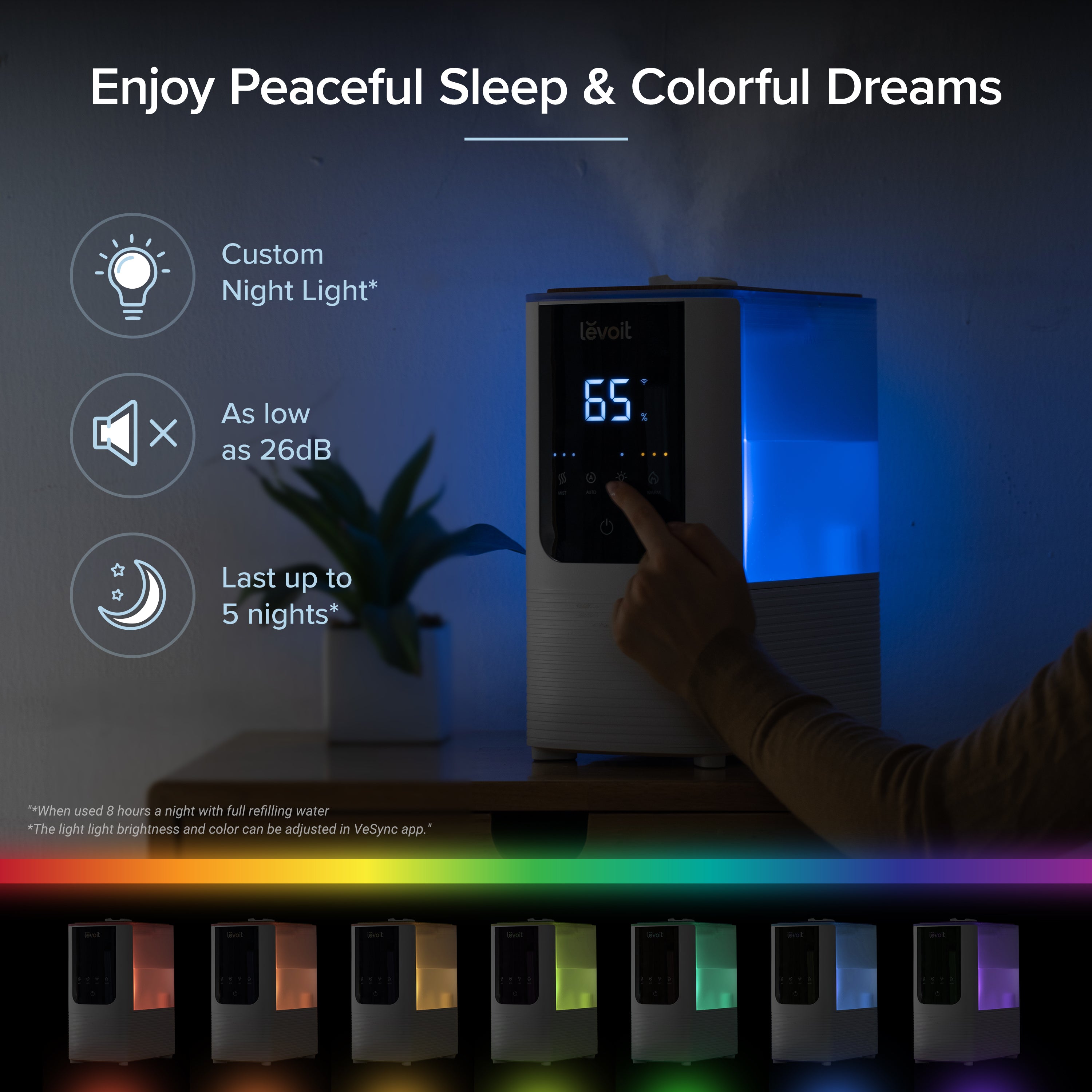 Levoit OasisMist Smart Humidifier with customizable night light, whisper-quiet operation as low as 26dB, and up to 5-night operation. Perfect for peaceful sleep