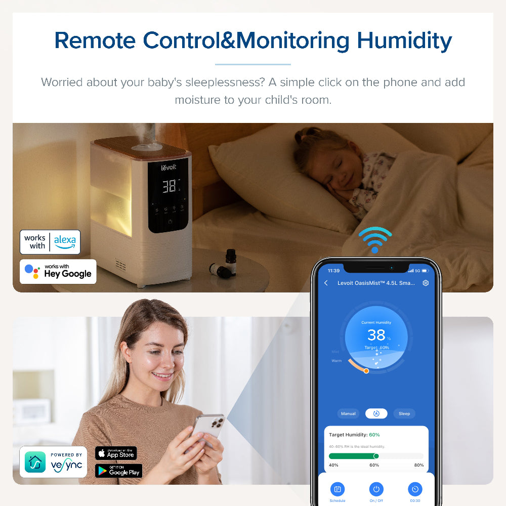 Levoit OasisMist Smart Humidifier with remote control, voice commands via Alexa/Google, and real-time humidity monitoring for a comfortable environment