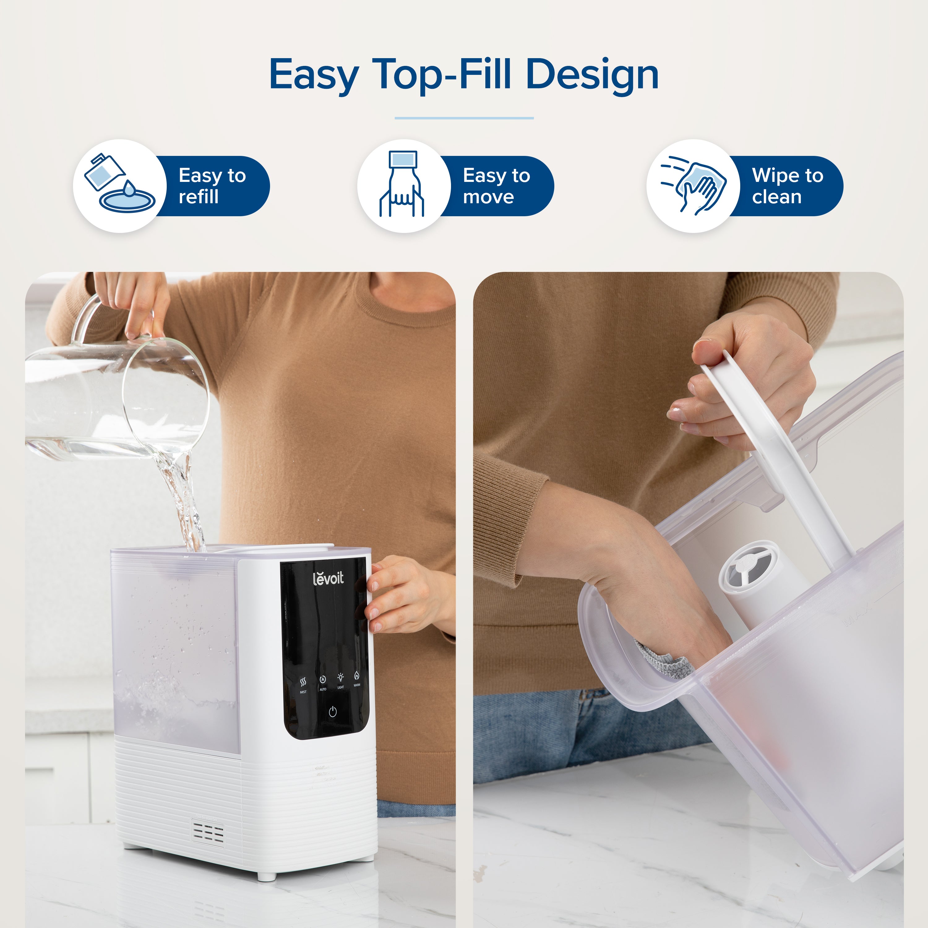 Levoit OasisMist Smart Humidifier with easy top-fill design, simple refill, and easy cleaning for added convenience