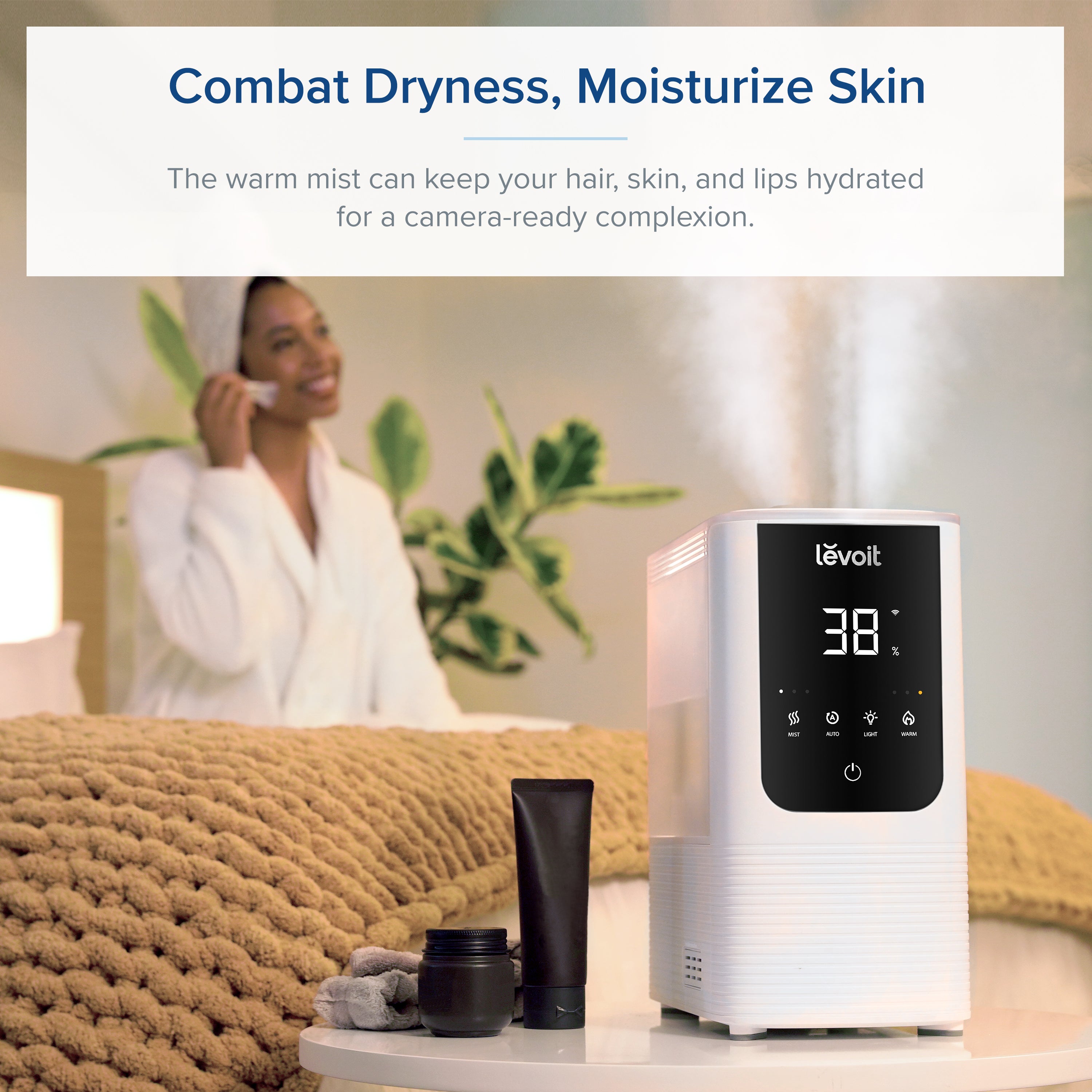 Levoit OasisMist Smart Humidifier with warm mist to hydrate skin, hair, and lips, promoting a healthy, camera-ready complexion