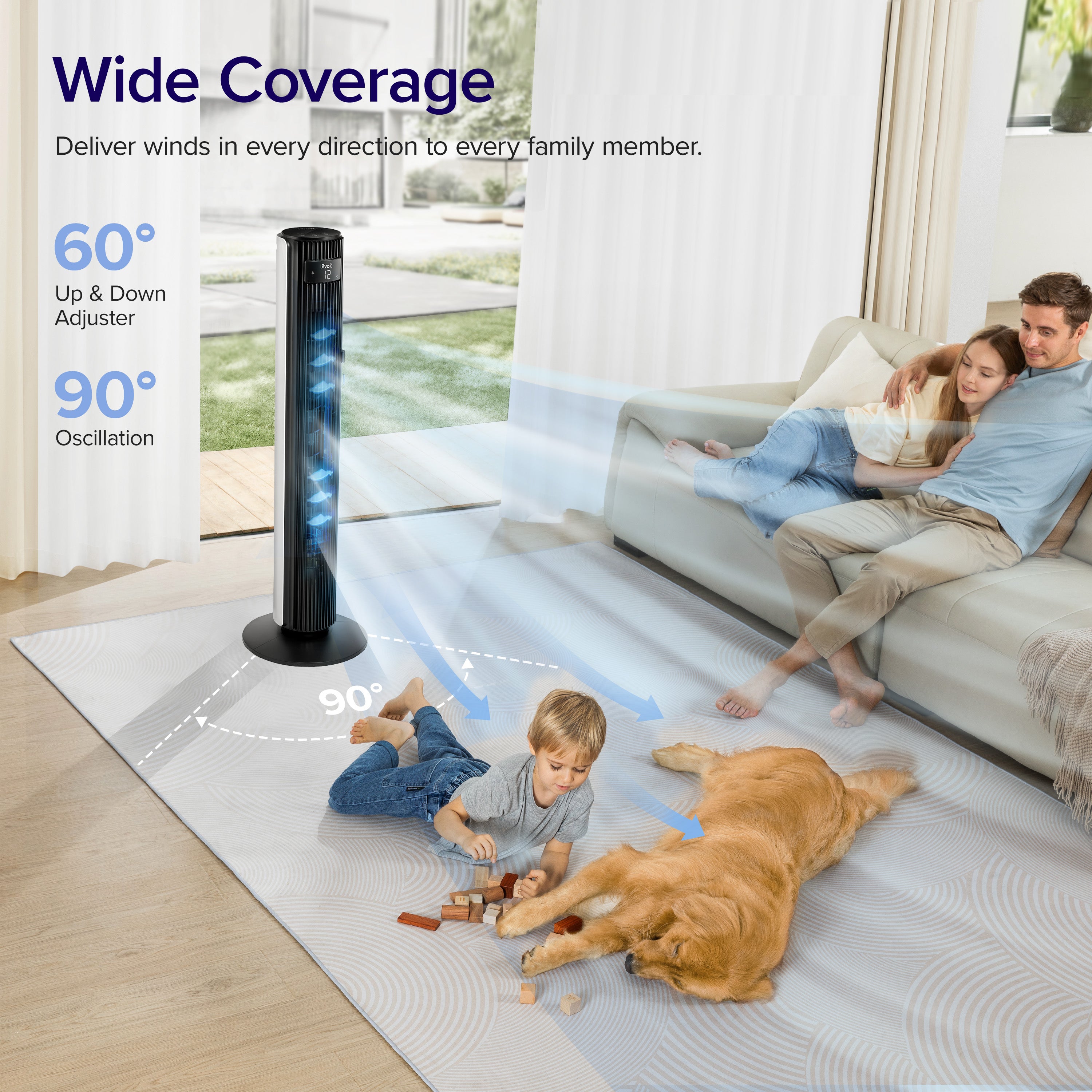 Levoit Classic Pro Tower Fan with 90° oscillation and 60° up/down adjuster for wide coverage, providing airflow to every family member