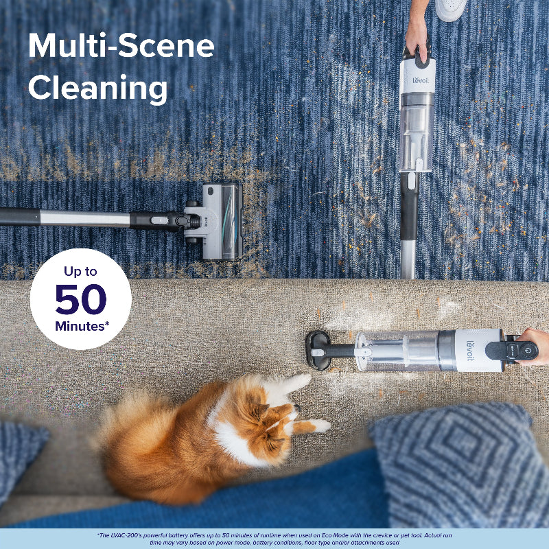 Levoit LVAC-200 Grey portable vacuum cleaner used on a rug and sofa, with up to 50 minutes of runtime in Eco mode