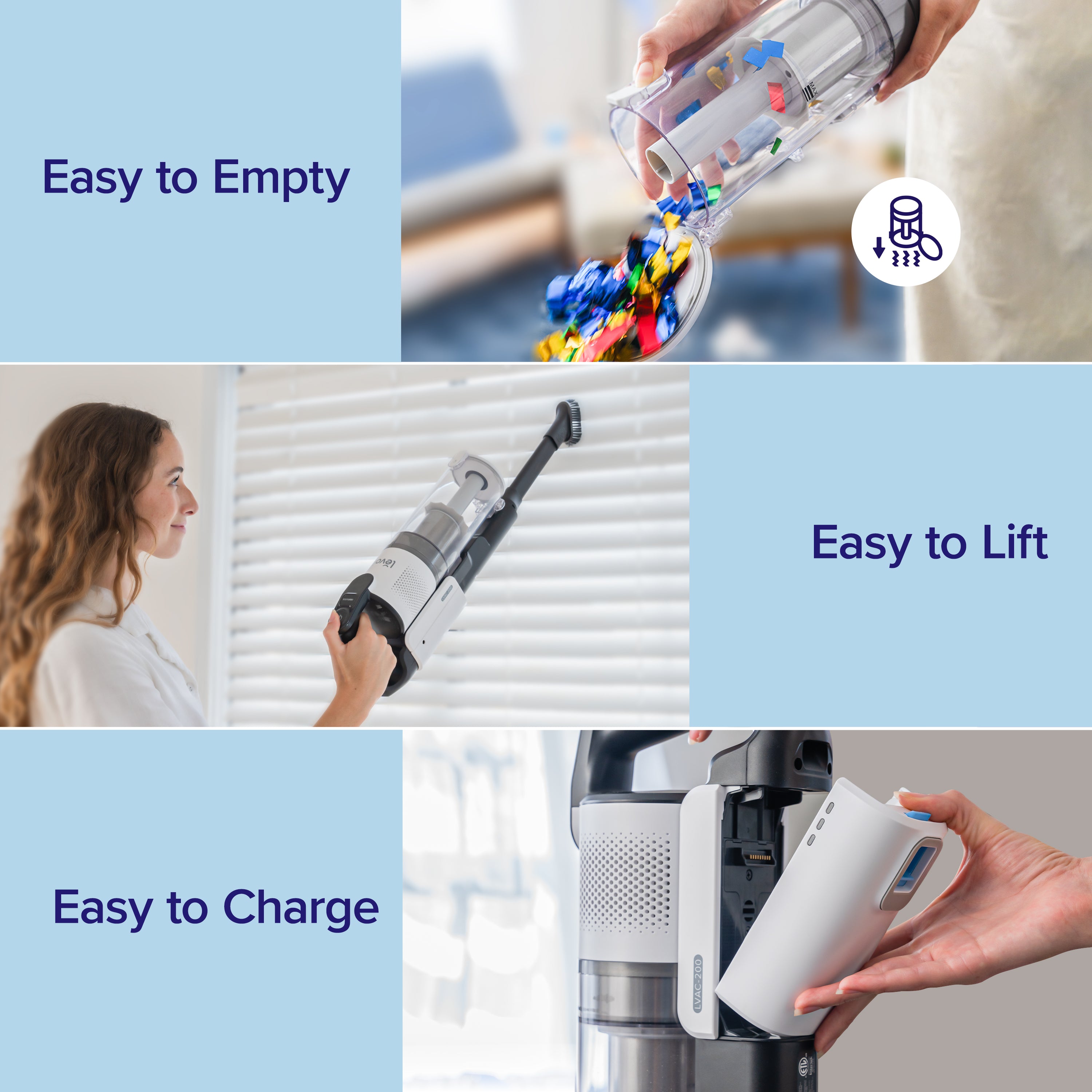 Levoit LVAC-200 Cordless Vacuum Cleaner, designed for easy emptying, lifting, and charging, offering a hassle-free cleaning experience