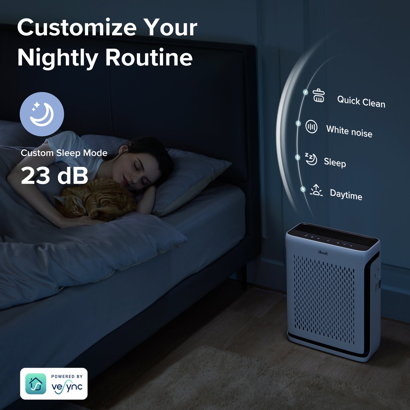 Levoit Vital 100S Smart Air Purifier with Custom Sleep Mode, 23 dB noise level, white noise function, and quick clean settings for a peaceful night's rest