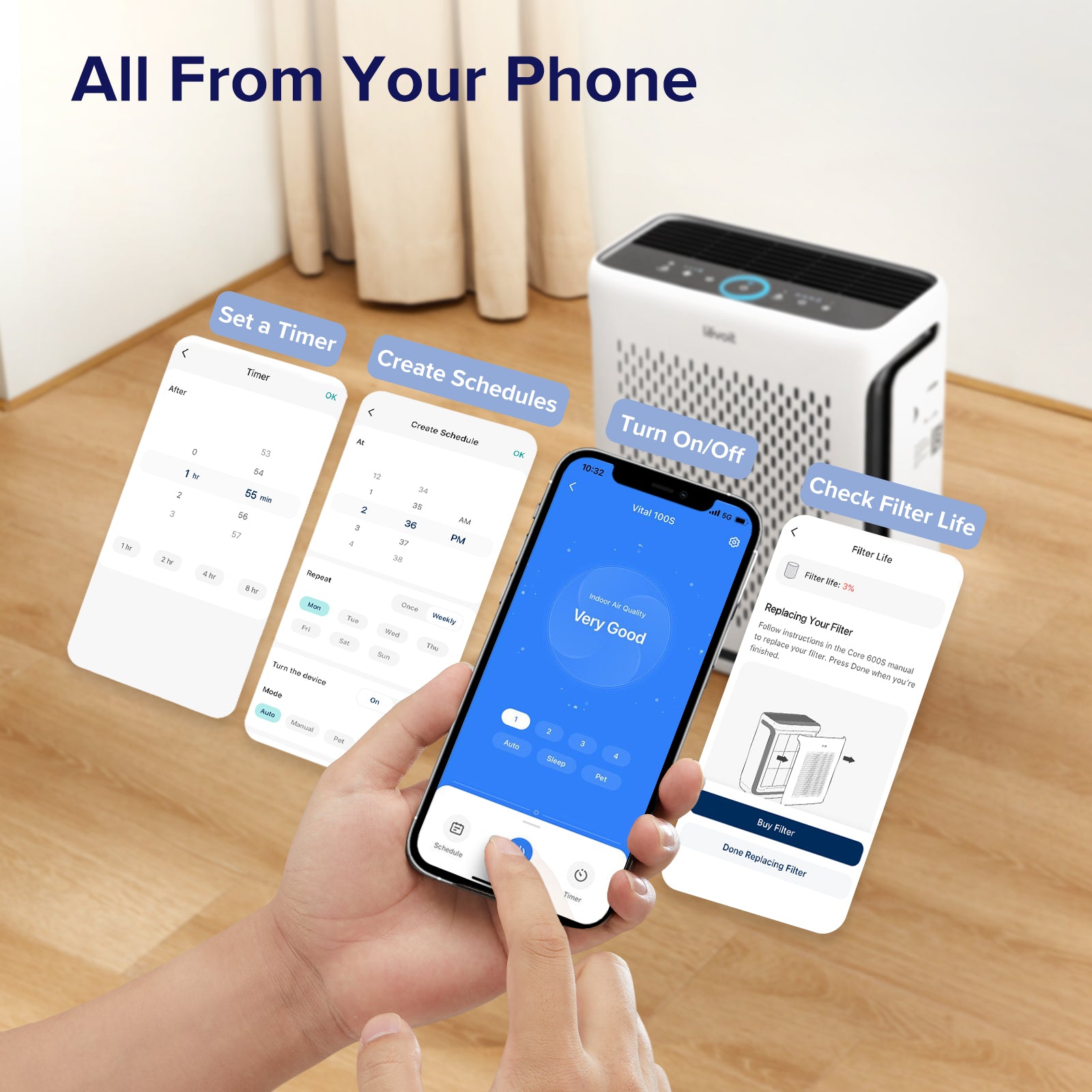 Levoit air purifier with smart app control, set timers, create schedules, check filter life, and turn on/off from your phone, providing easy and convenient operation