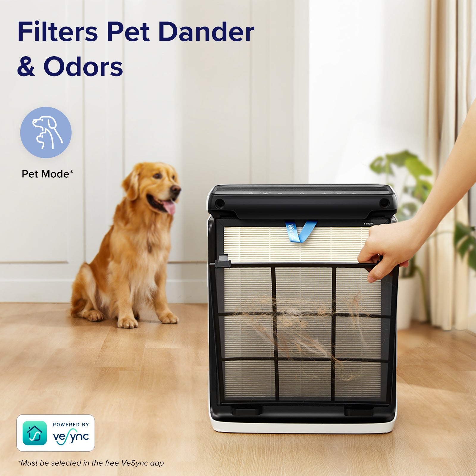 Levoit Vital 100S Smart Air Purifier with Pet Mode, designed to filter pet dander and odors, improving air quality for pets and owners alike