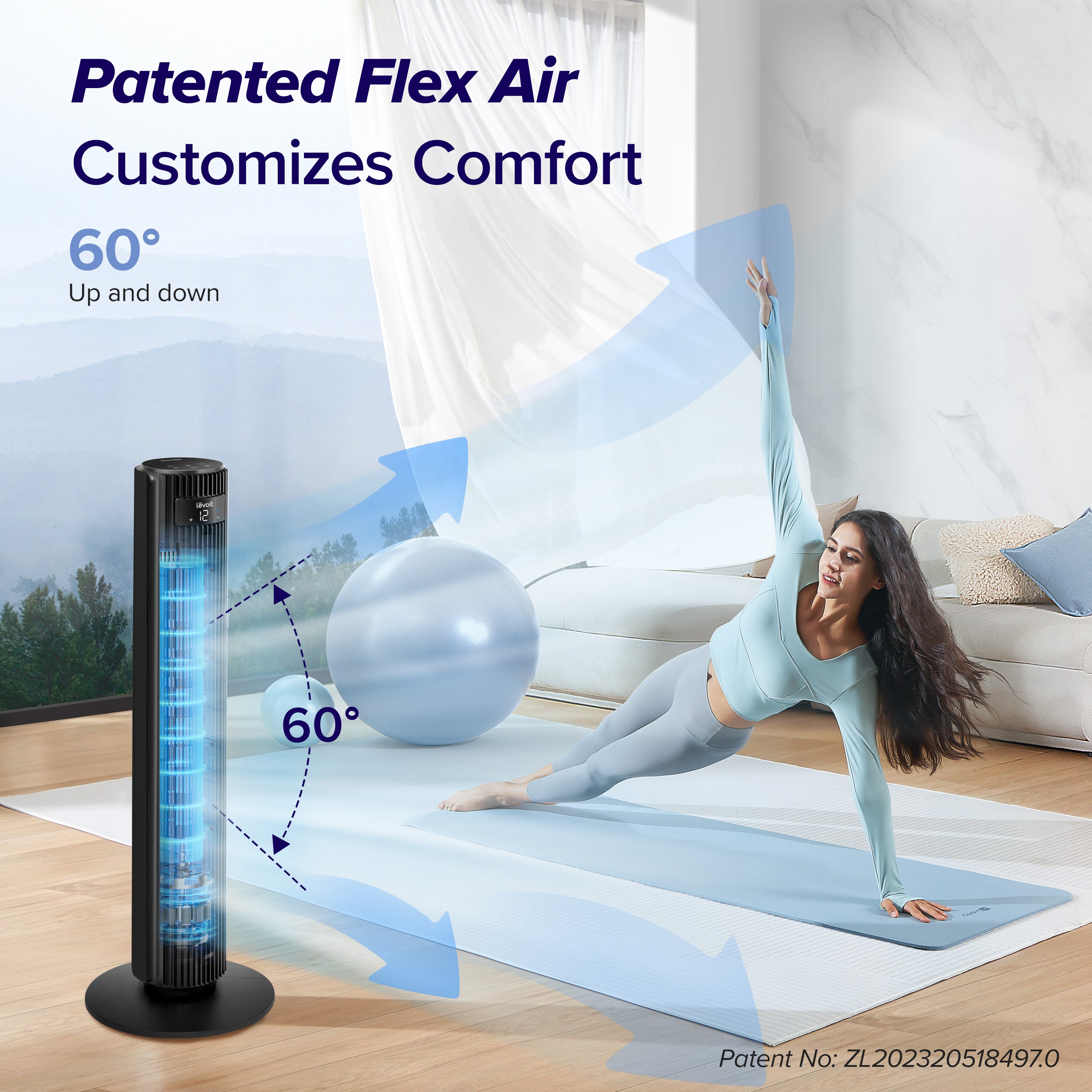 Levoit Tower Fan, featuring 60° Flex Air oscillation and adjustable airflow, perfect for personalized comfort during yoga or exercise