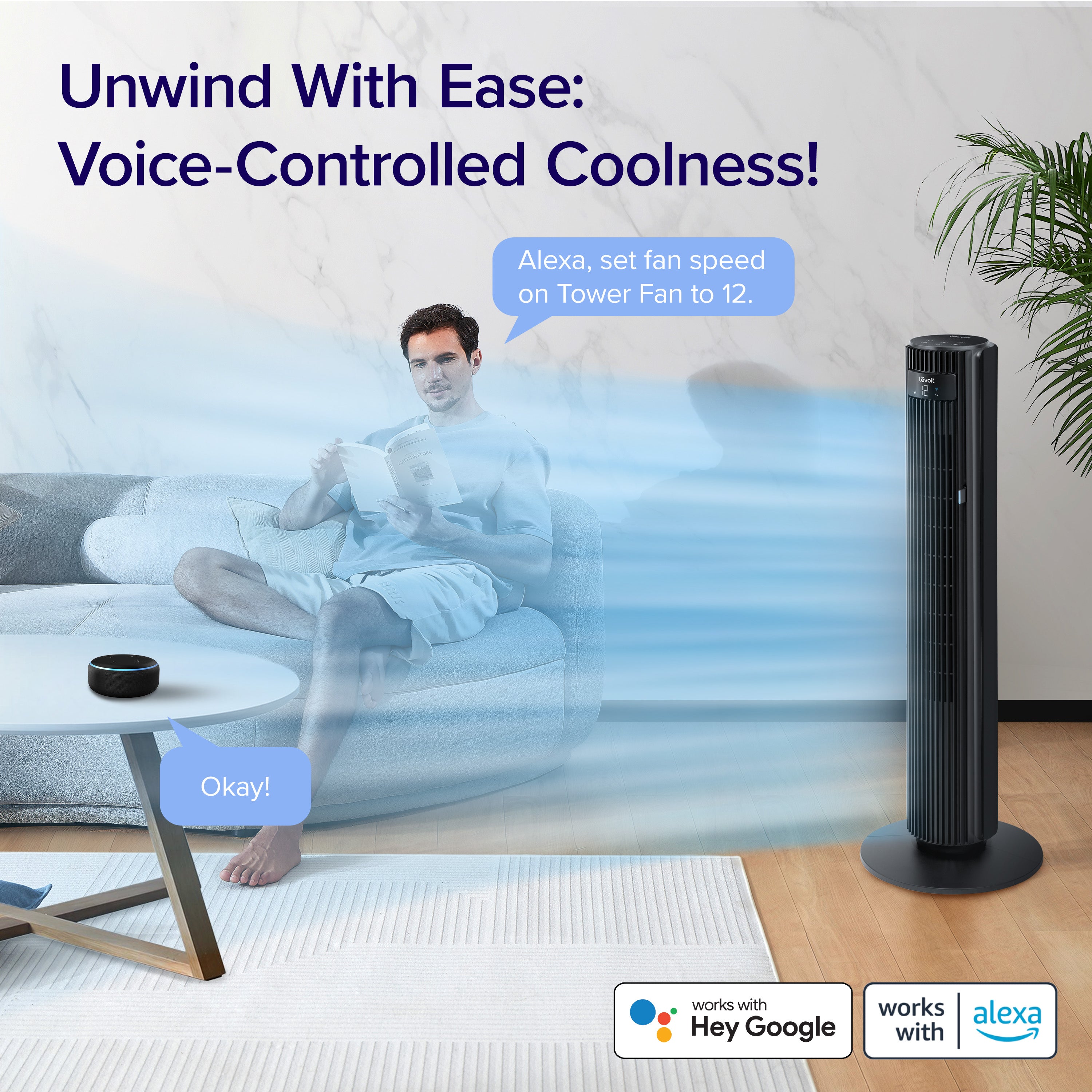 Levoit Tower Fan with voice control, compatible with Alexa and Google Assistant, allowing easy adjustment of fan speed with voice commands