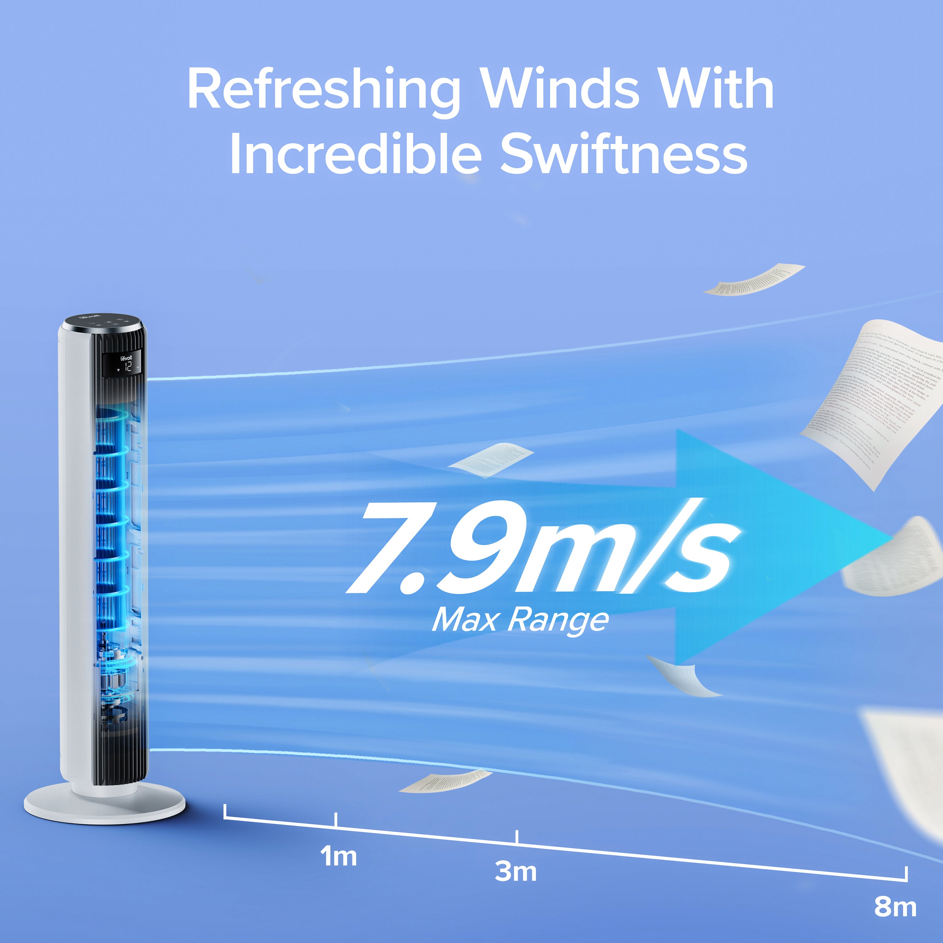 Levoit Tower Fan with 7.9m/s max wind speed, providing swift and refreshing airflow across long ranges