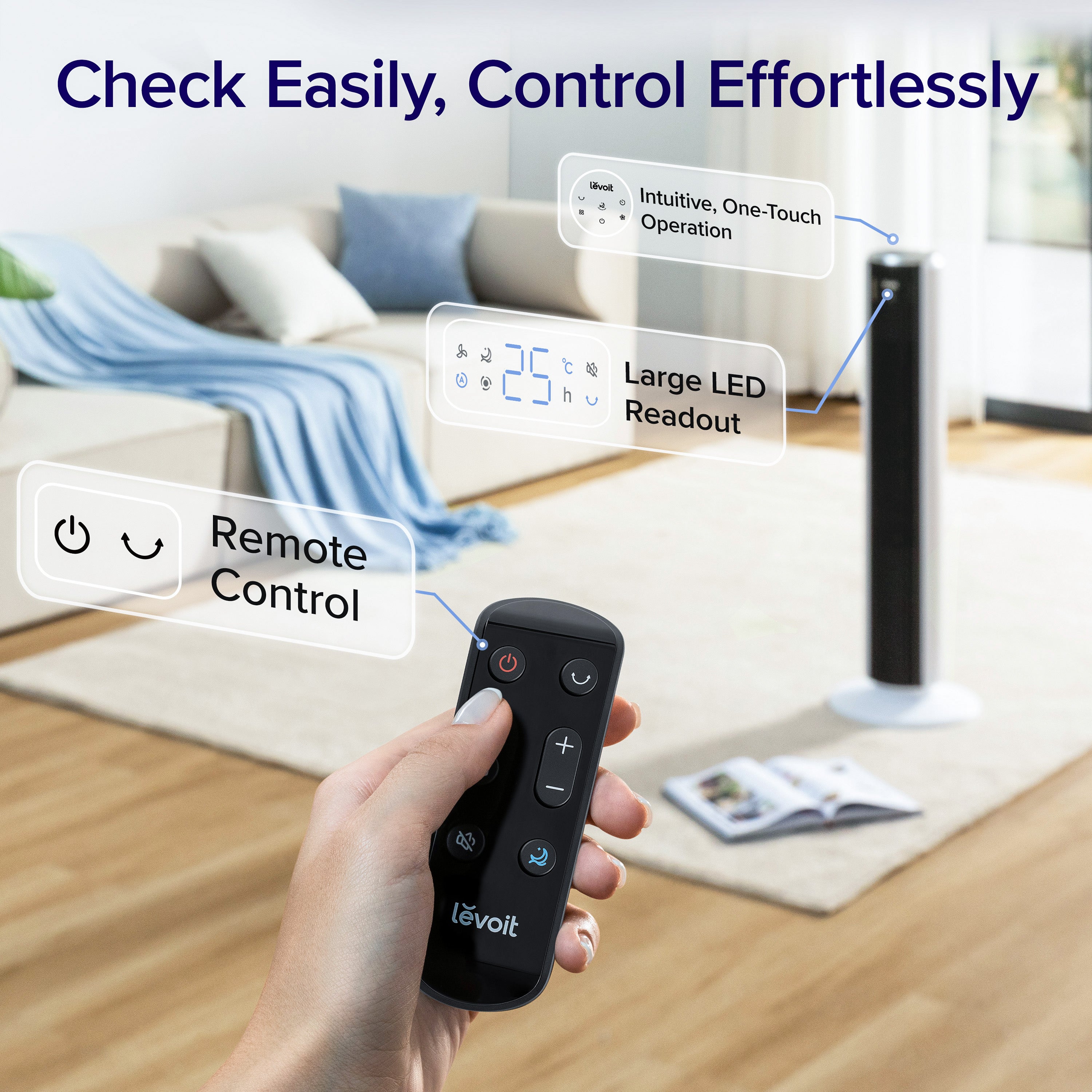 Levoit Tower Fan with remote control, large LED display, and one-touch operation for easy use