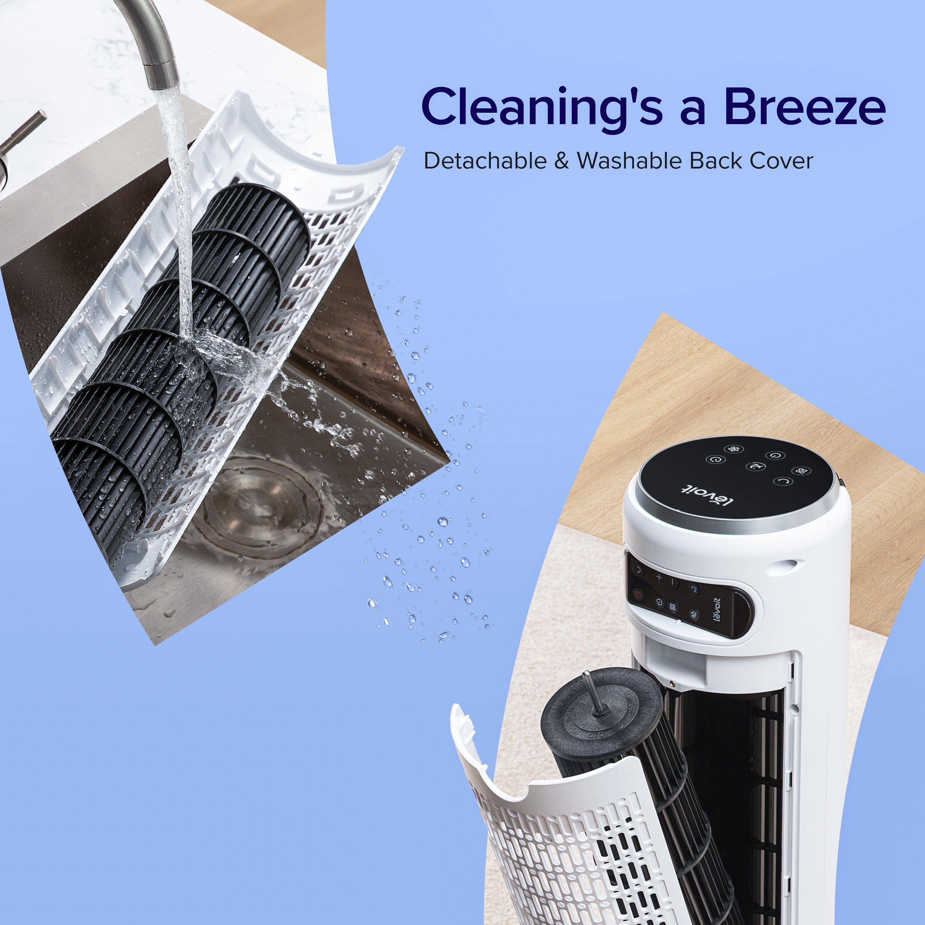 Levoit Tower Fan, featuring a detachable back cover and washable filter for effortless cleaning and upkeep