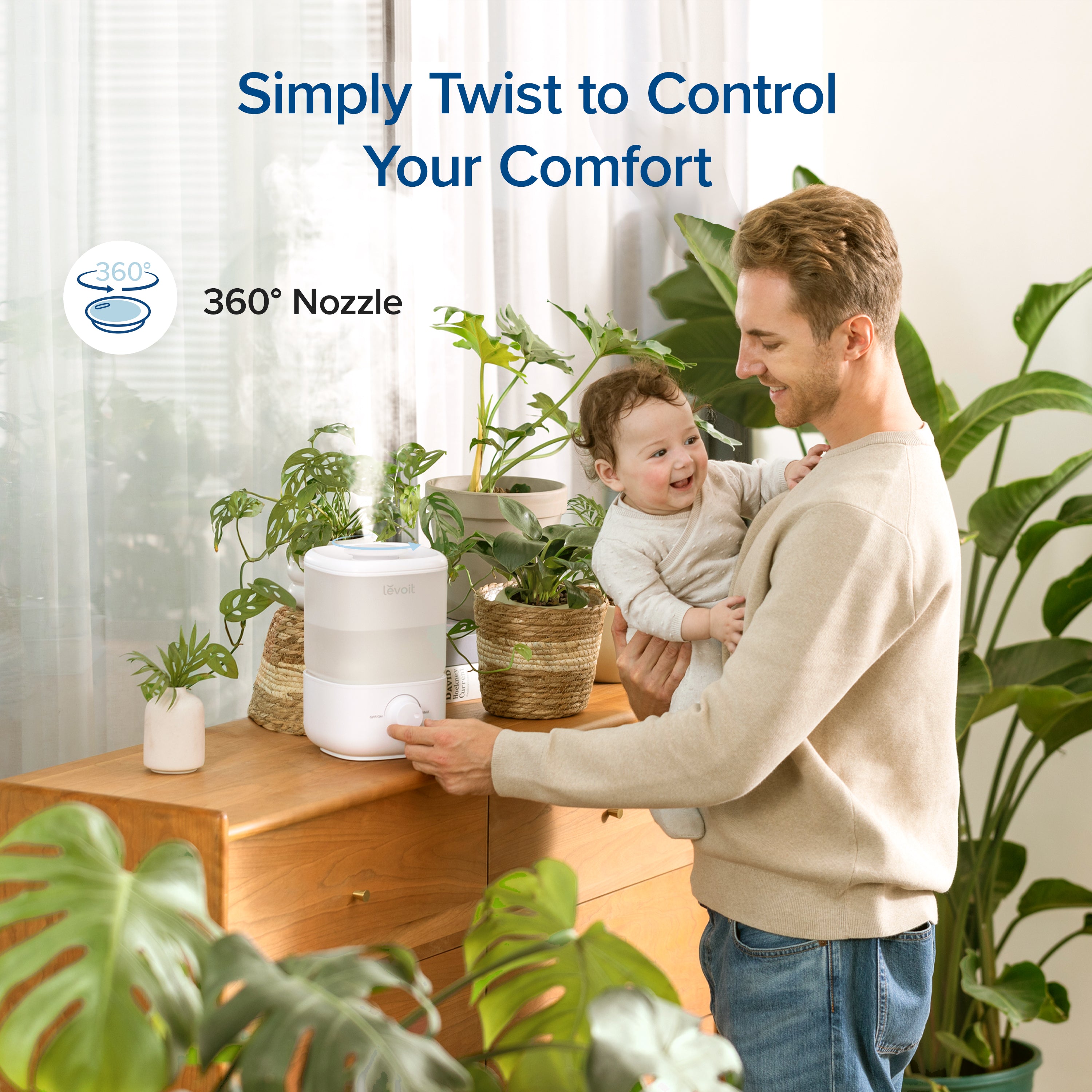 Levoit Classic 160 Humidifier with 360° nozzle, simply twist to control mist direction for personalized comfort