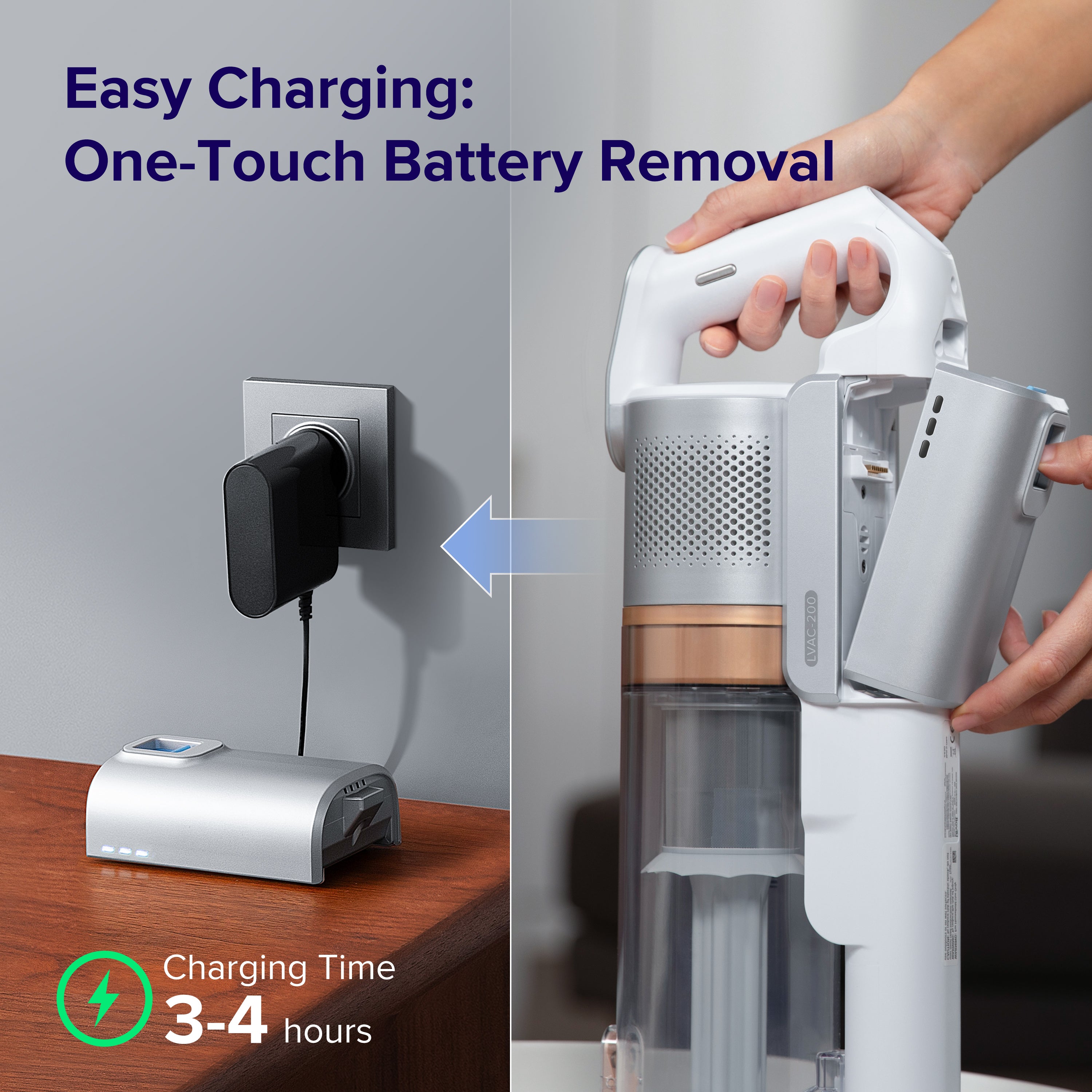 Levoit LVAC-200 cordless vacuum cleaner with easy one-touch battery removal and 3-4 hours charging time