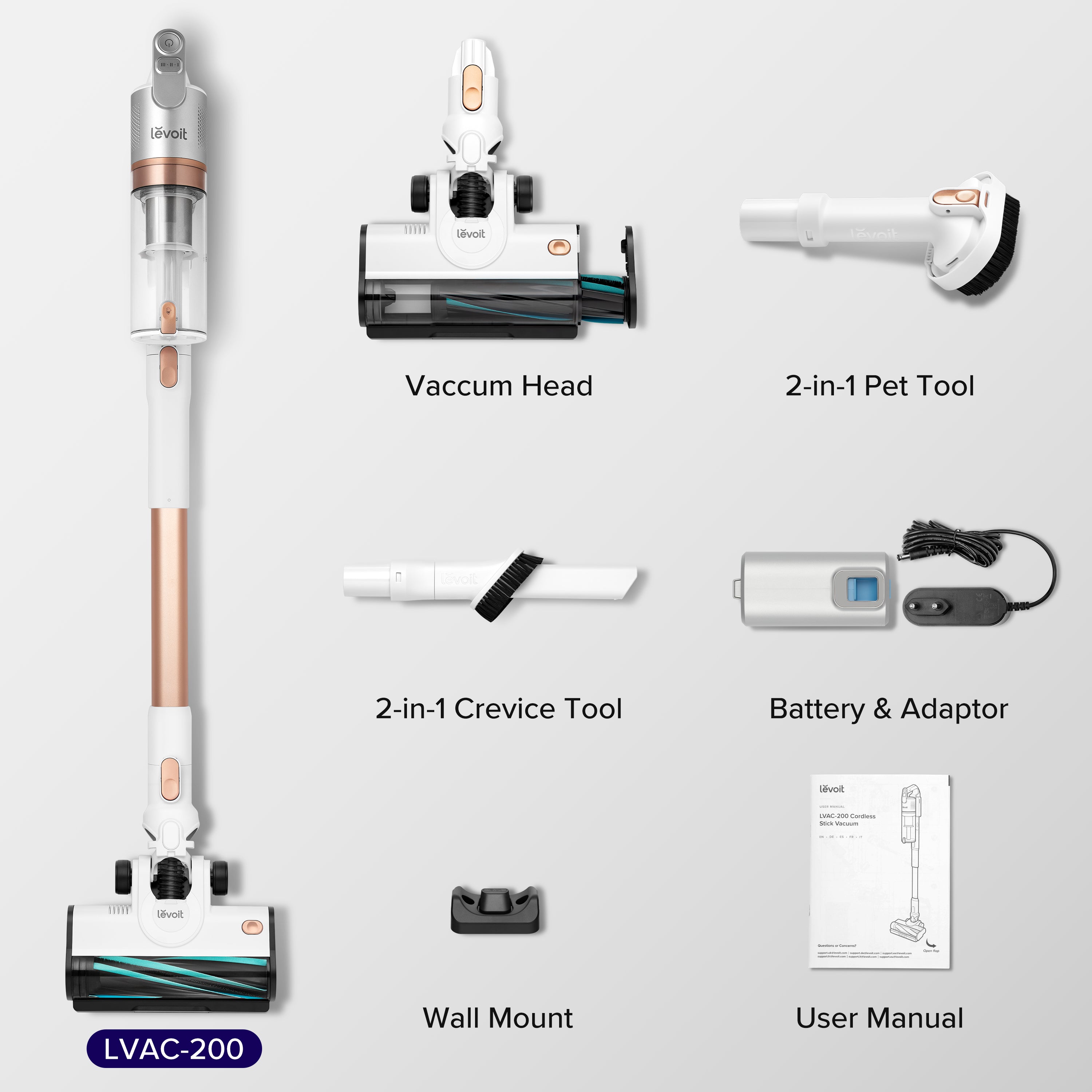 Levoit LVAC-200 Cordless Vacuum Cleaner with vacuum head, 2-in-1 pet tool, crevice tool, battery, adapter, wall mount, and user manual