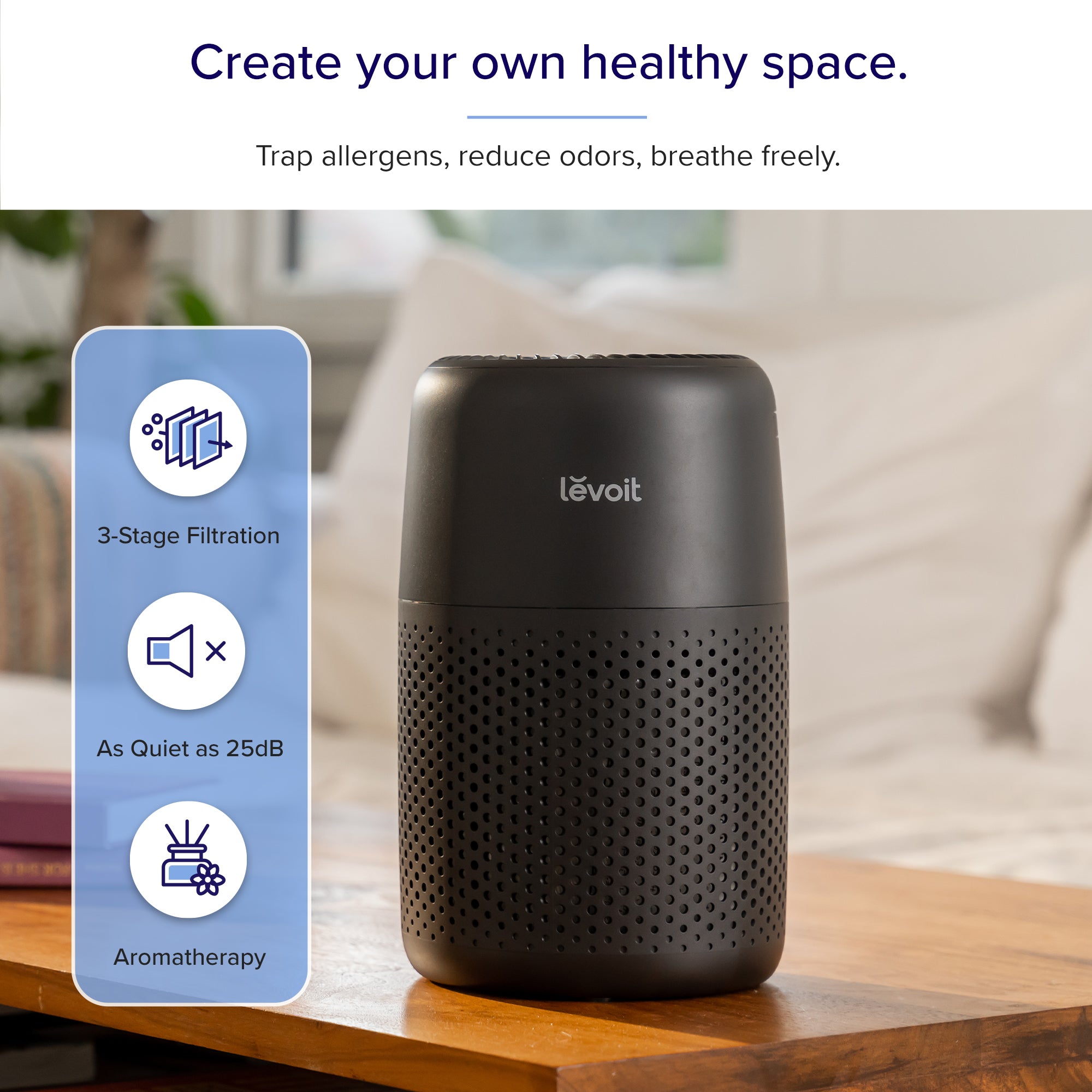 Levoit Core Mini Air Purifier - Black with 3-stage filtration, quiet operation at 25dB, and aromatherapy option