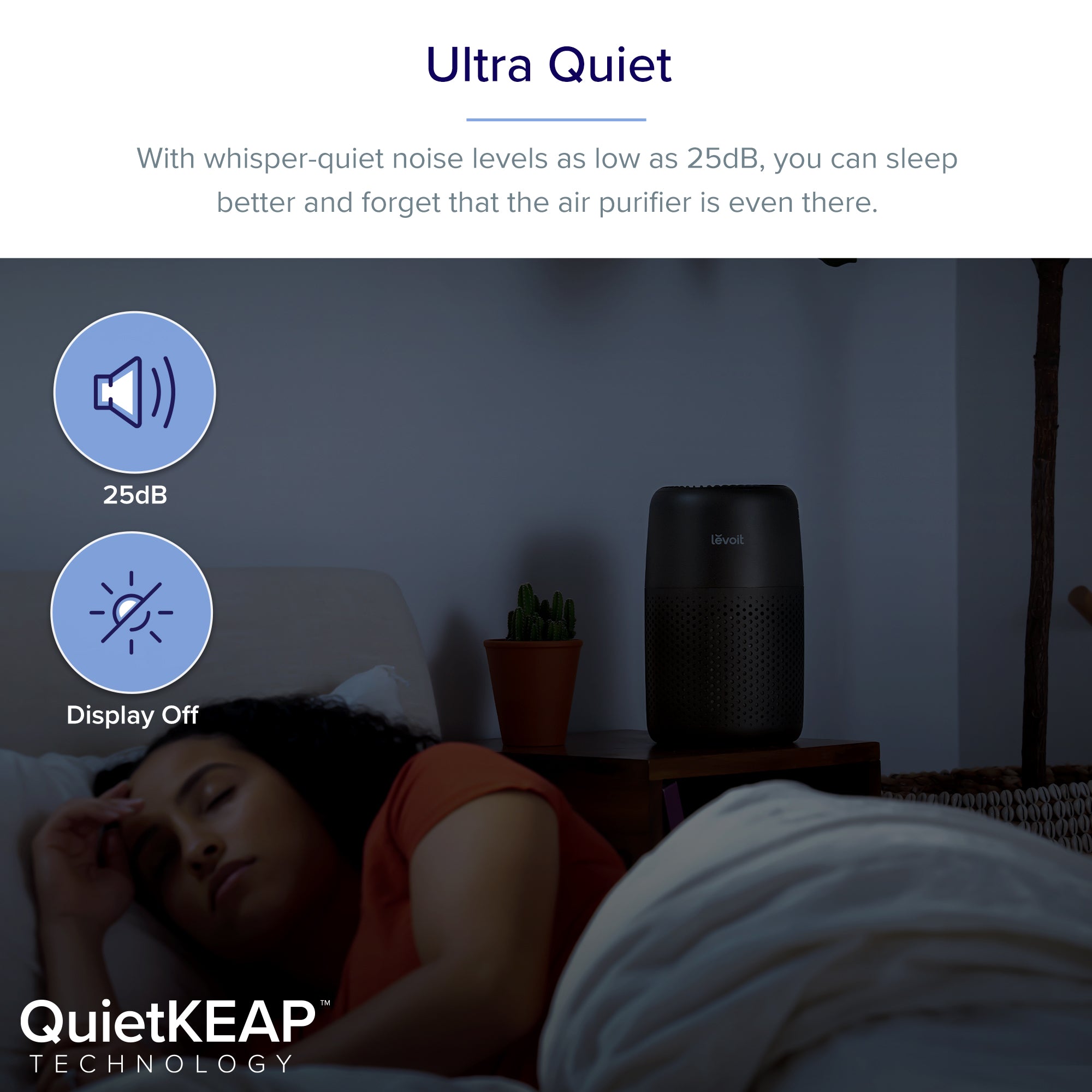 Levoit Core Mini Air Purifier - Black with QuietKEAP technology, operating at 25dB for ultra-quiet performance while you sleep