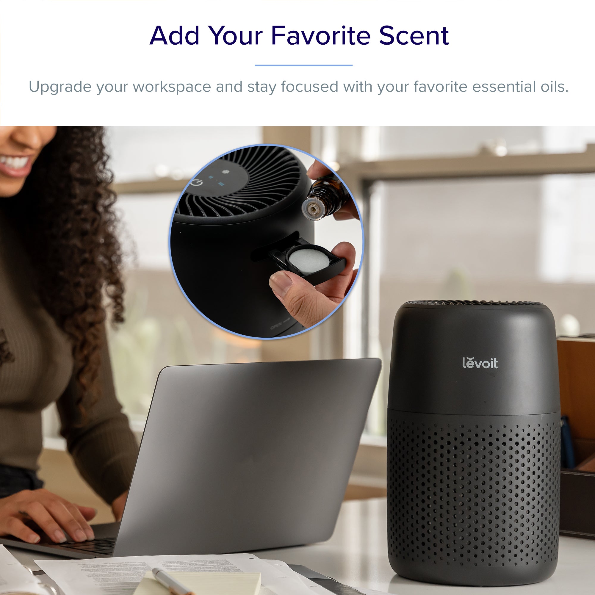 Levoit Core Mini Air Purifier - Black, with essential oil diffuser feature to add your favorite scent to your workspace