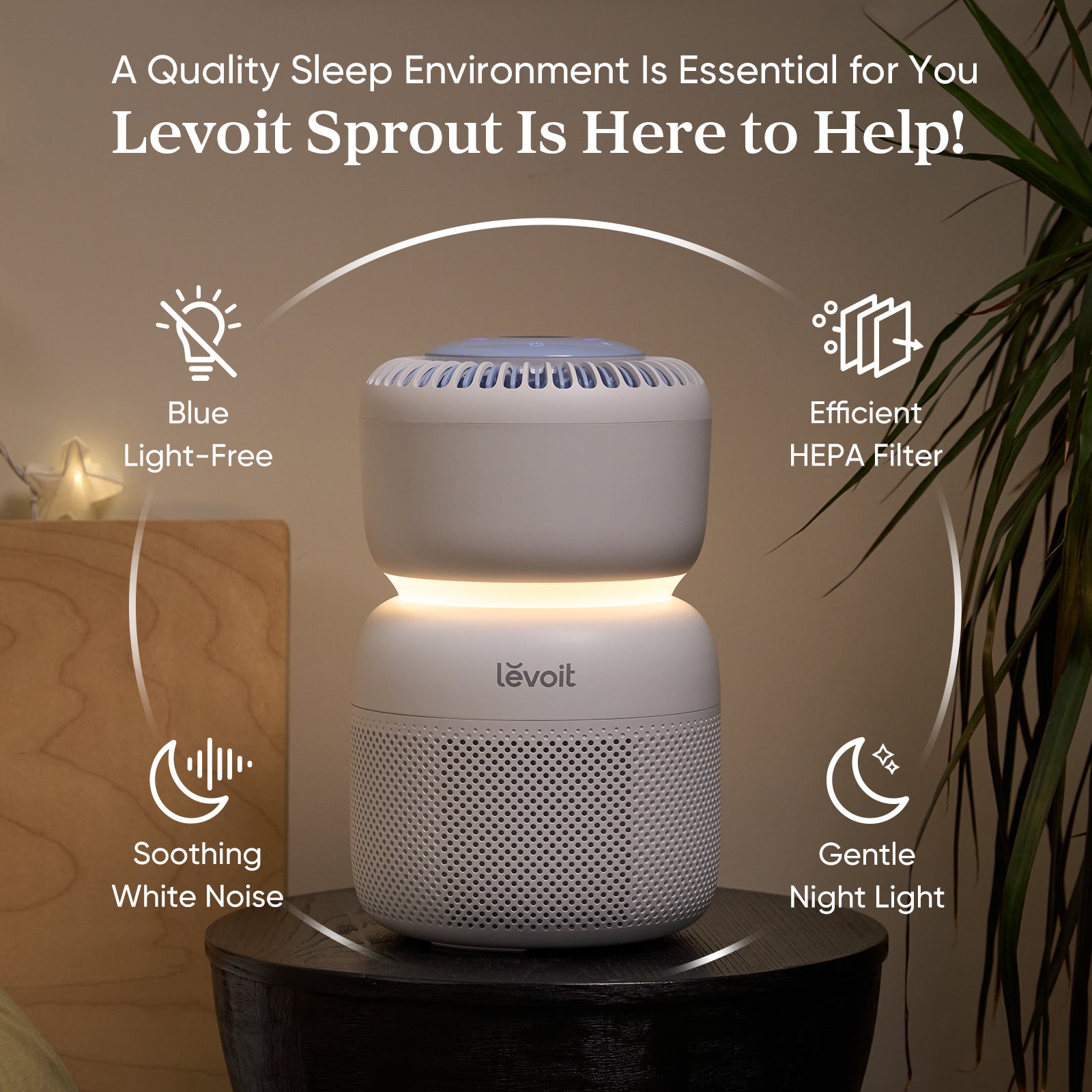 Levoit Sprout Air Purifier with HEPA filter featuring blue-light-free design, soothing white noise, and gentle night light for better sleep.