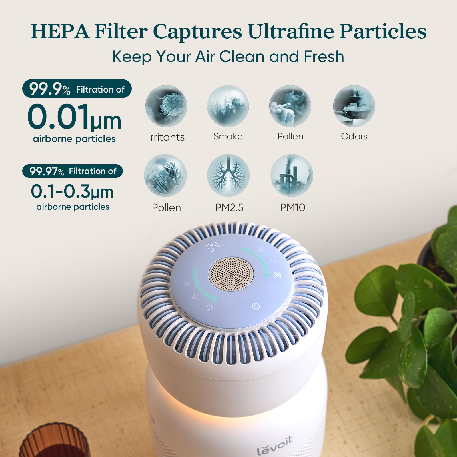 Levoit air purifier with HEPA filter capturing ultrafine particles like smoke, pollen, PM2.5, and odors for clean and fresh air