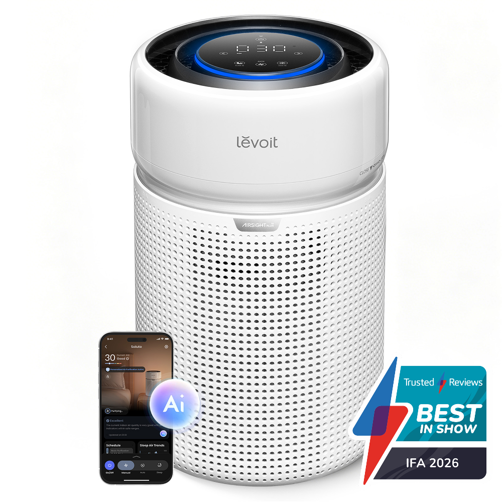 Levoit Eleva 300X air purifier reducing allergens, with real-time AQI app display